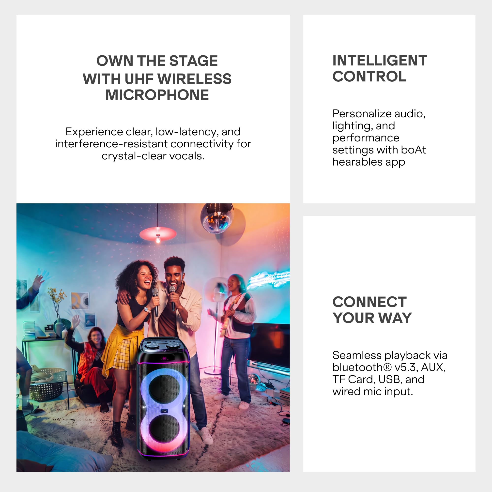boAt 2026 Launch PartyPal 390 Plus, Karaoke Auto-Tuner, 160W Output, 1 UHF Wireless Microphone, Vibrant RGB LEDs, Hearables App Support, TWS Mode, Guitar Input Port, Multi-Compatibility (Onyx Black) — Amazon image 9