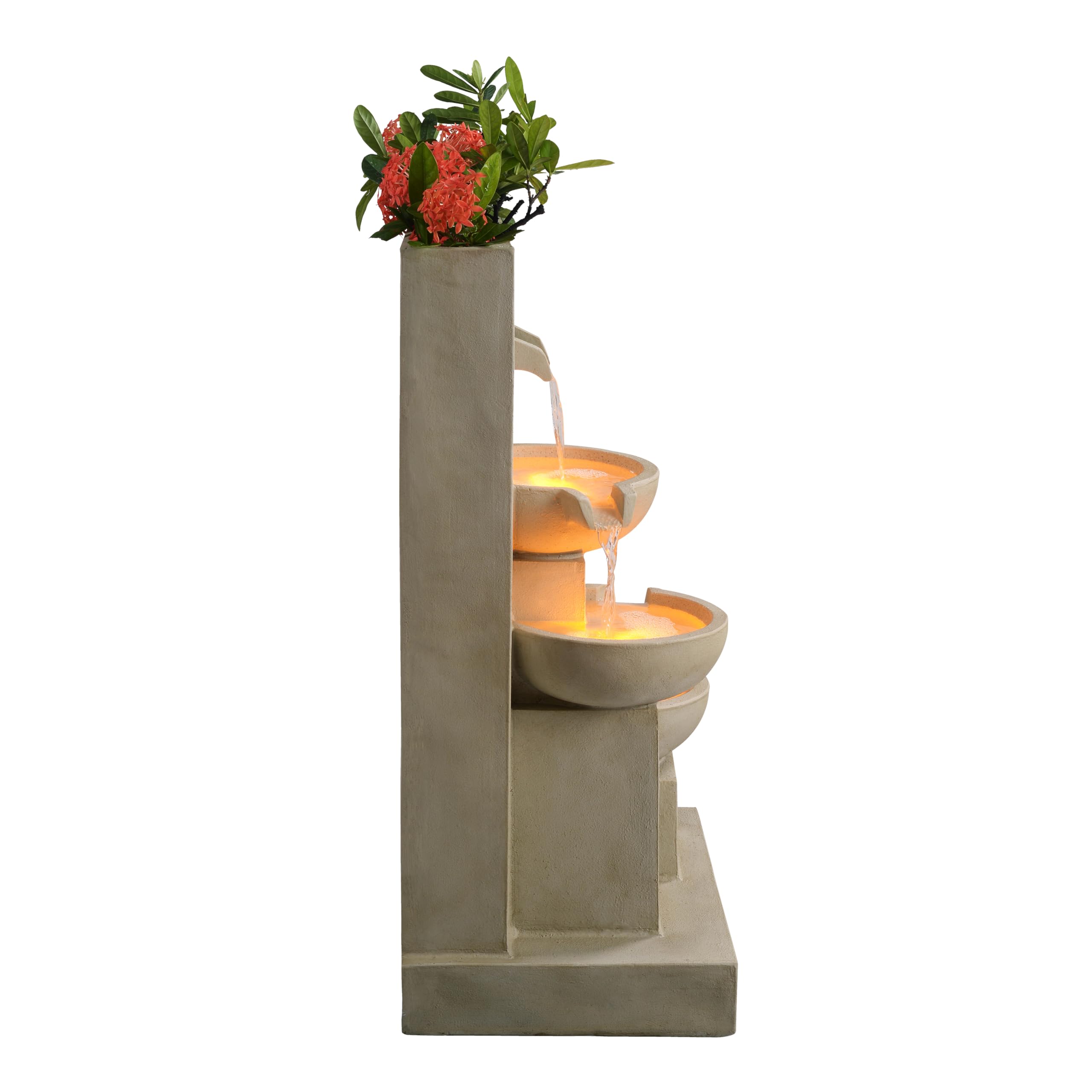 Teamson Home 74 cm 3-stufiger Kaskadierender Outdoor-Wasserbrunnen mit Pflanzgefäß, LED-Leuchten für Außenbereiche, Natur