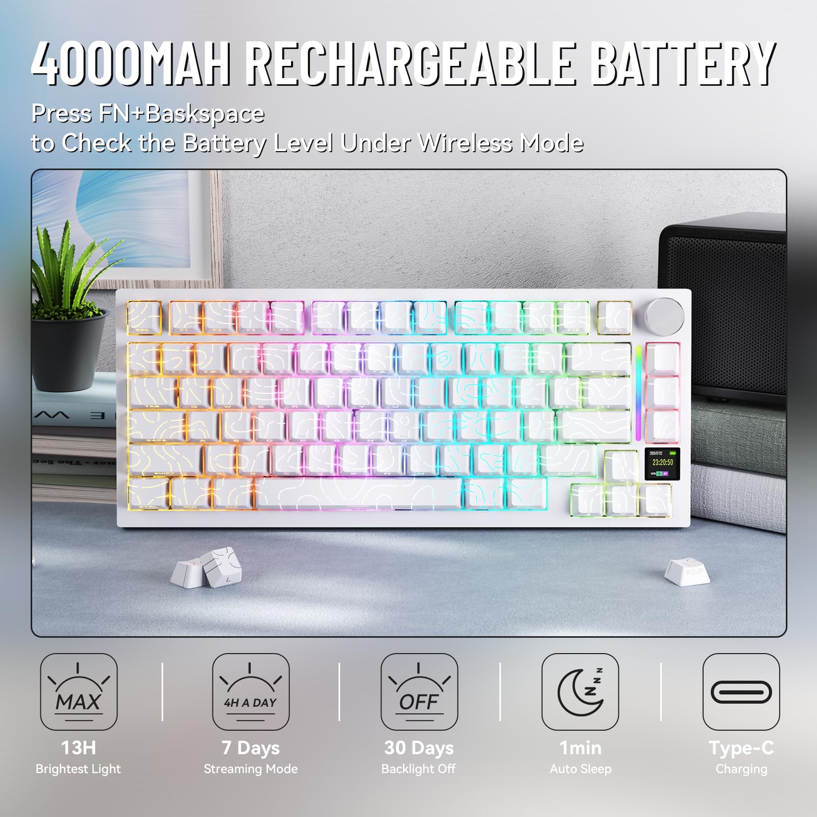 YINDIAO ATTACK SHARK X820 Ultra Gasket Mechanical Keyboard with TFT Screen & Knob, 75% ANSI Layout, 2.4Ghz/BT/Wired, 5 Sound Absorbing Foams, Hot-Swap Linear Switch, for PC,MAC (White, Gift Switch)