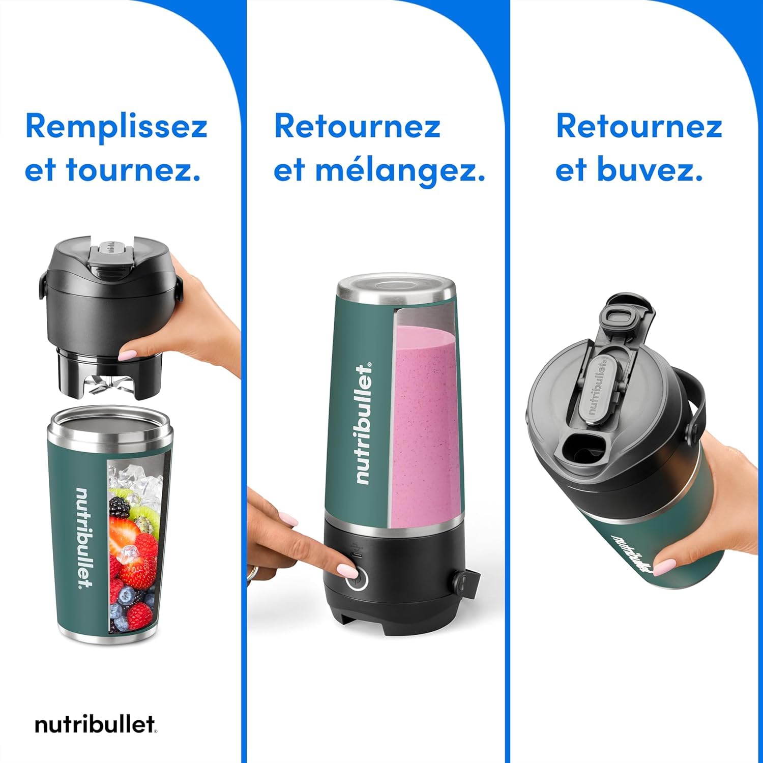 nutribullet Flip NBP016EUC, Blender Portable avec Gobelet Isotherme de 590ml, Conserve le Froid Pendant 24h, Couvercle et Paille Inclus, Chargement USB-C, Acier Inoxydable, Couleur Eucalyptus
