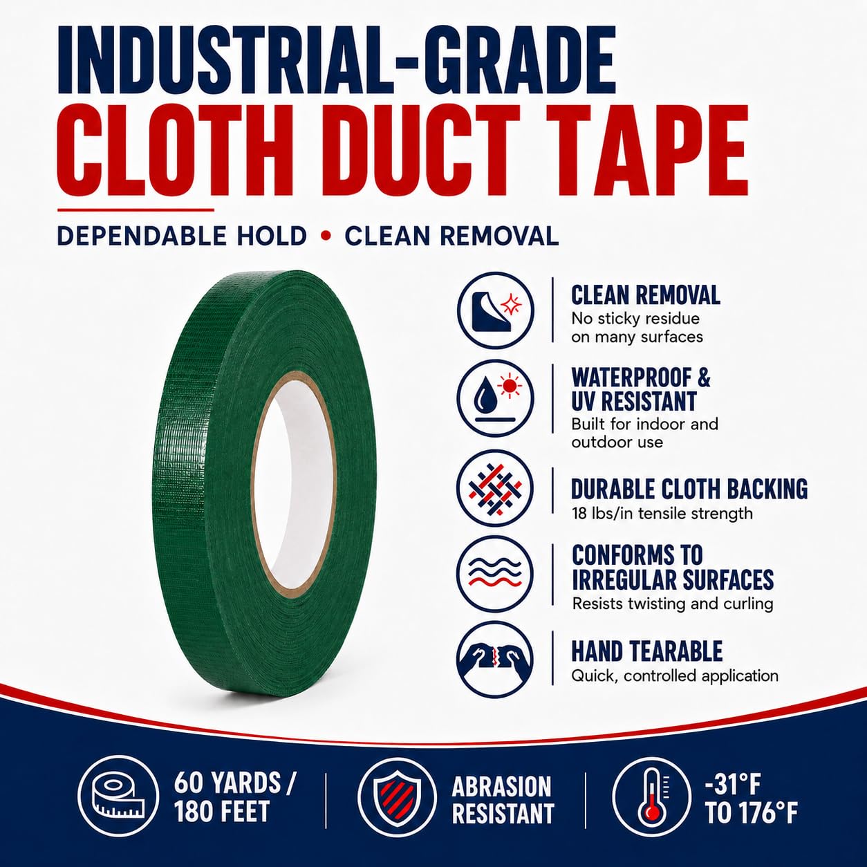 Cinta adhesiva T.R.U. CDT-36 de grado industrial. Impermeable y resistente a los rayos UV. Varios colores disponibles. 60 yardas. (verde oscuro, 6,35 cm).