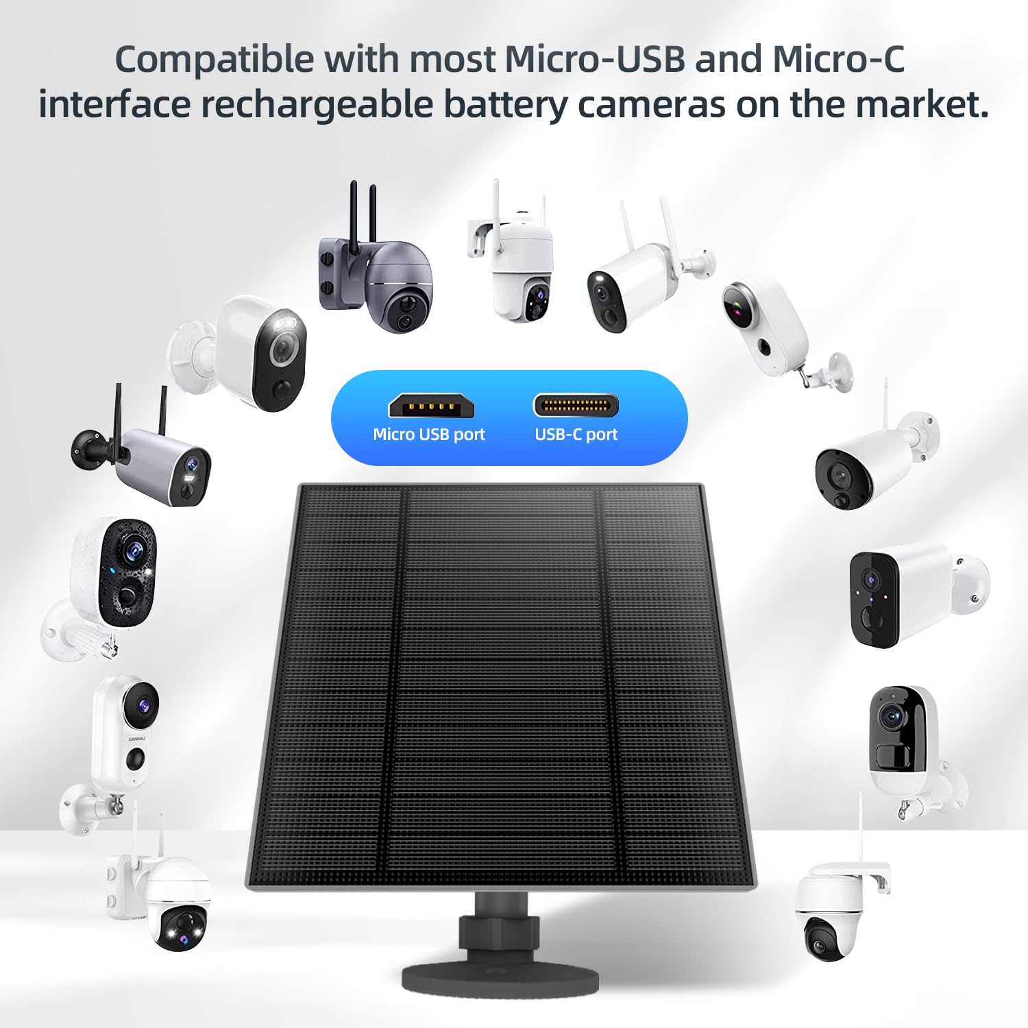 Pannello solare da 5 W per telecamera di sicurezza, pannello solare con porta Micro USB e USB-C per fotocamera con batteria ricaricabile da esterni DC 5 V, impermeabile IP65, supporto di sicurezza