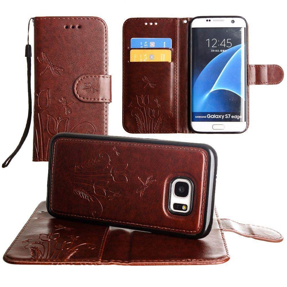 Galaxy S7 Edge Wallet Case, Slim PU Leather Embossed Design with Matching Detachable Cover with Credit Card Holder Wristlet for Women [Dragonfly - Brown]