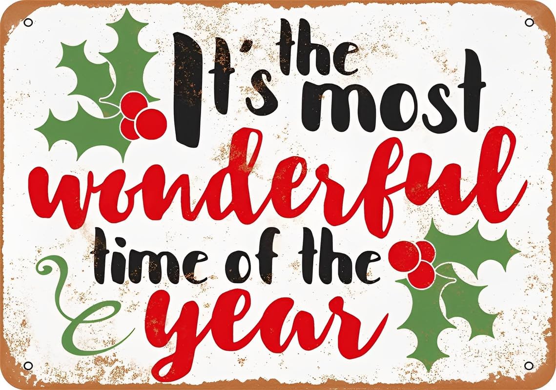 peiyeety Vintage Retro Collectible Metal Tin Sign The Most Wonderful Time Of The Year Holly Christmas Poster Wall Decoration For Home Bar Restaurant Garage Cafe Metal Tin Sign 8"x12"