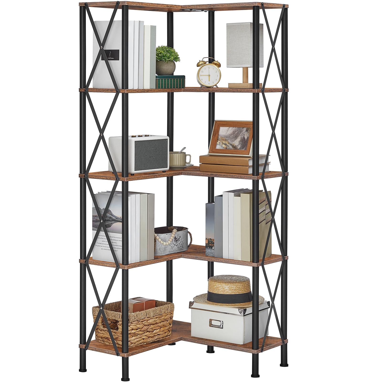 HOOBRO Eck-Bücherregal mit 5 Ebenen, industrielles großes Eckregal, L-förmiges Regal, Freistehendes Lagerregal, Standregal, 2 Installationslayouts, für Wohnzimmer, Büro, Schlafzimmer, Küche EBF60SJ01