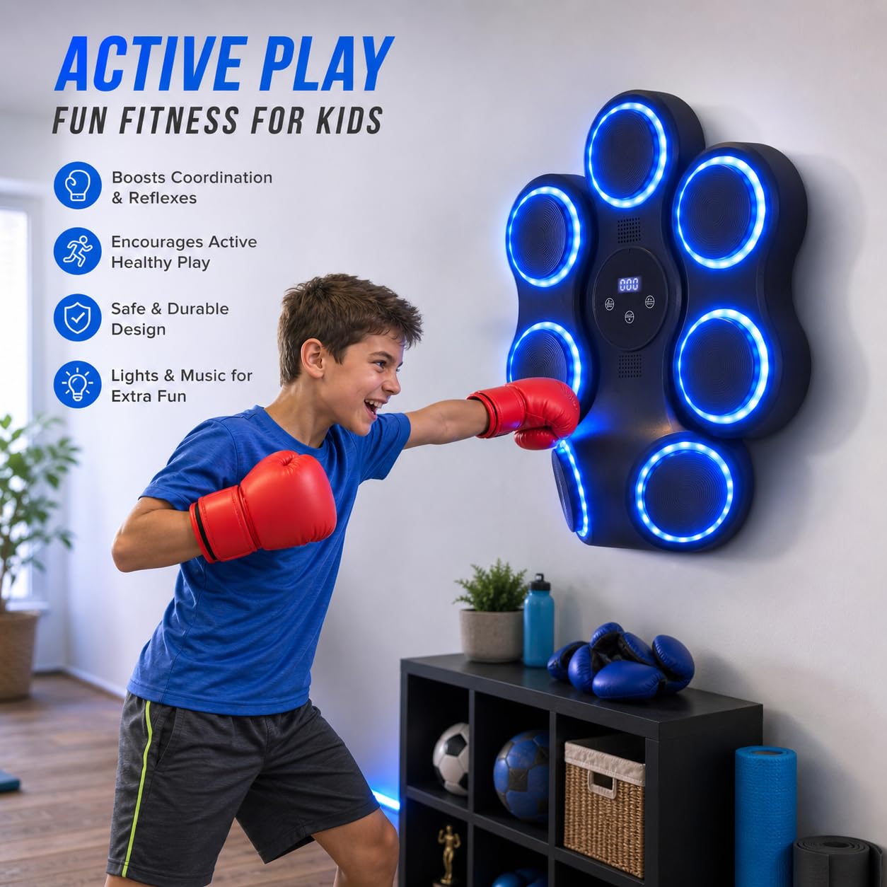 Macchina da boxe musicale, dispositivo fitness con guantoni da boxe, allenatore intelligente Bluetooth, supporto da parete per adulti e bambini, bersaglio elettronico da boxe, fitness per casa