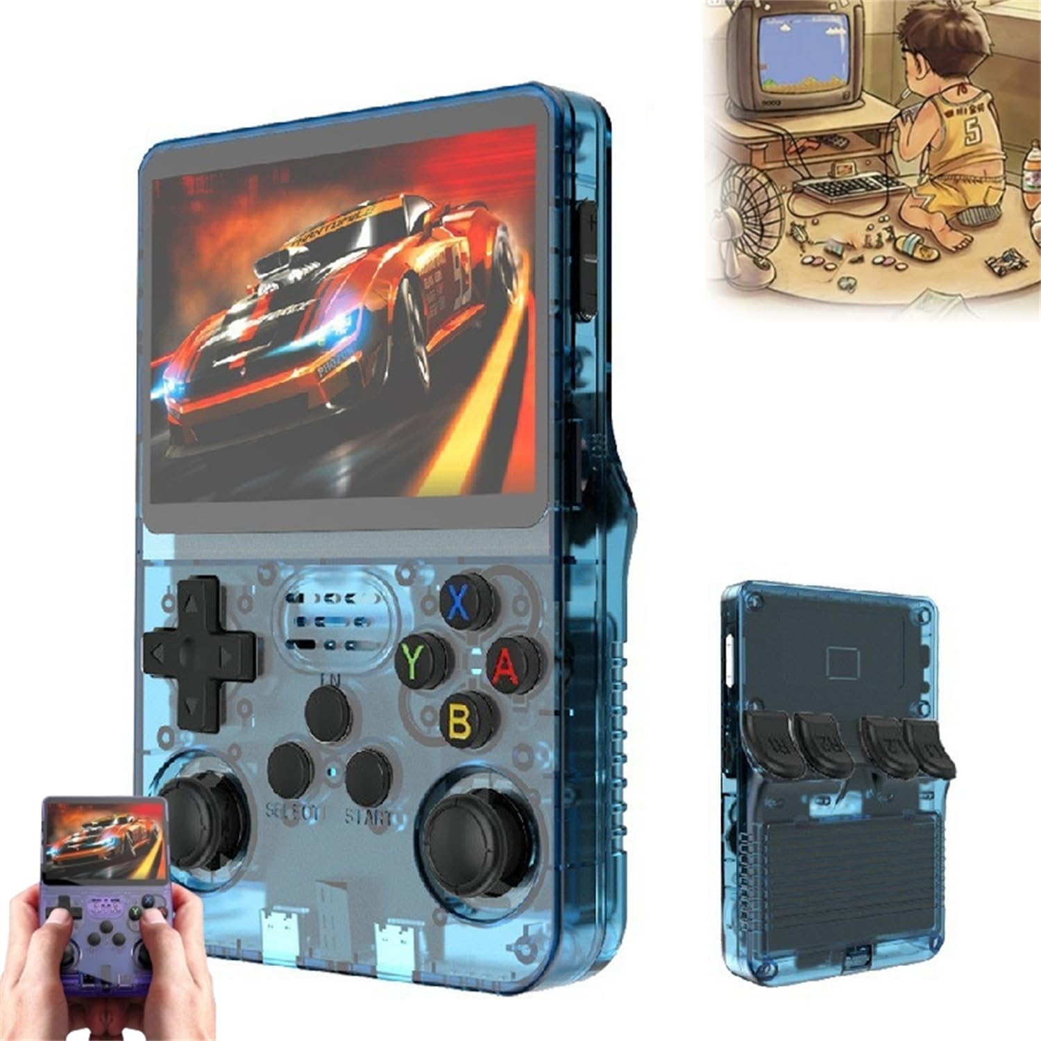 R36S Portable Game Console, 3.5-Inch IPS High Definition Screen, Built-in 20,000+ Games, Includes 128GB Large Capacity Flash Card, 3500mAh Long Lasting Battery, Open Source Retro Player (Light Blue)