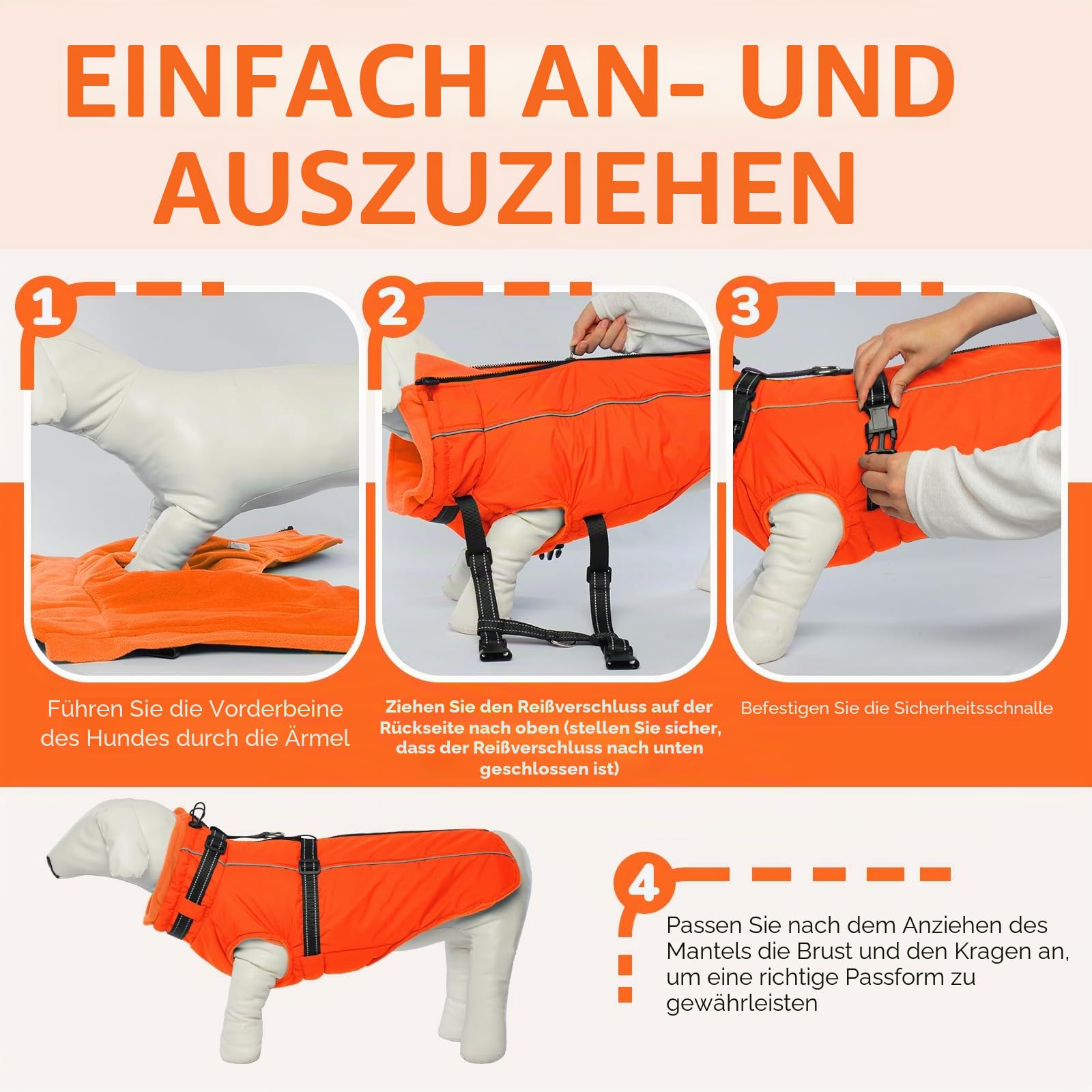 Lelepet Hundemantel für den Winter, Warme Hundejacke mit integriertem Geschirr, Winddicht Mantel mit Fleece Gefüttert für Hunde, Reflektierende Hundeweste für Kaltes Wetter, Orange 3XL