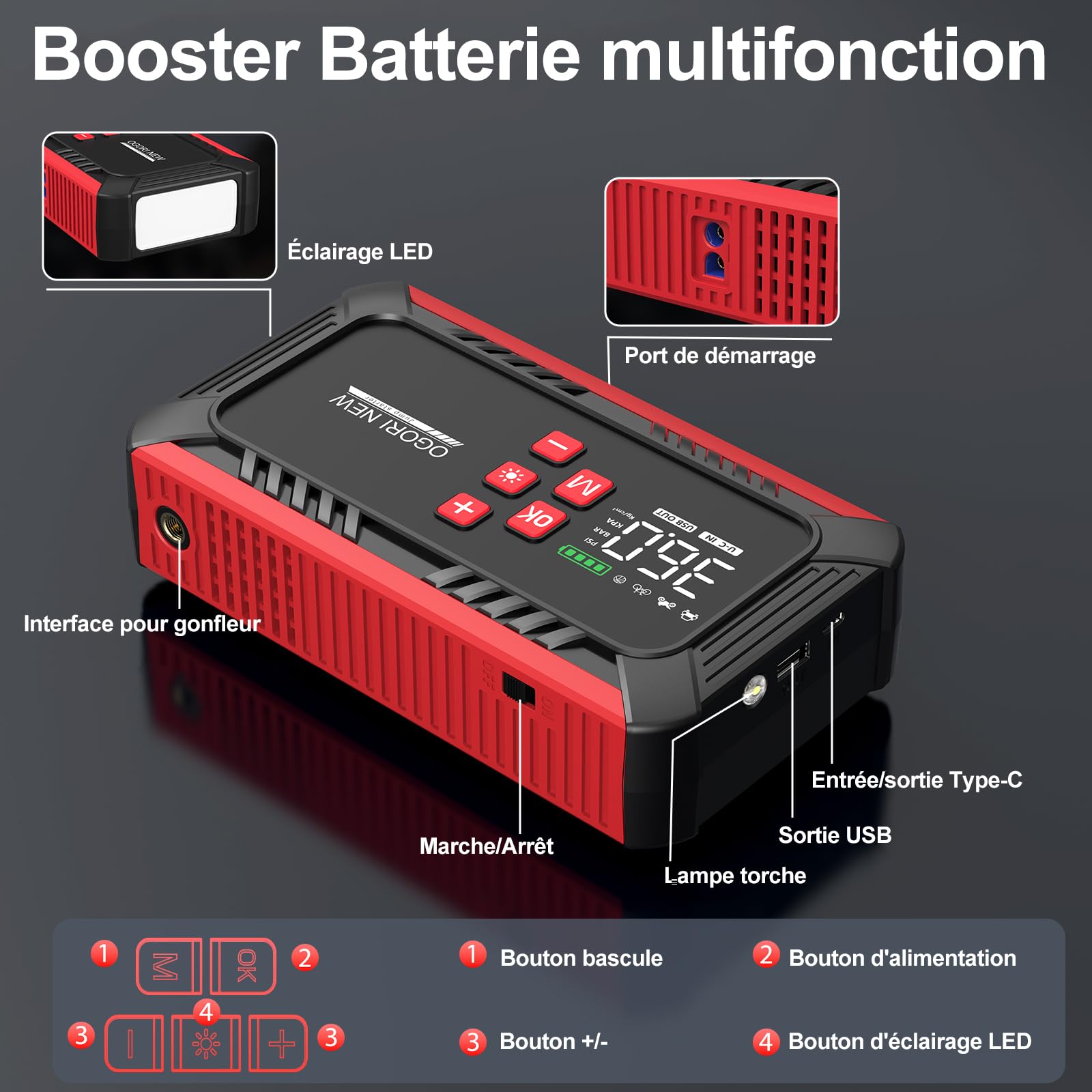 Booster Batterie Voiture 8000A,Demarreur Batterie Voiture avec Gonfleur 150PSI, Demarreur Batterie Voiture(8.0L Diesel/10.0L Gaz),12V Jump Starter pour Véhicule avec lumière LED/Écran LCD