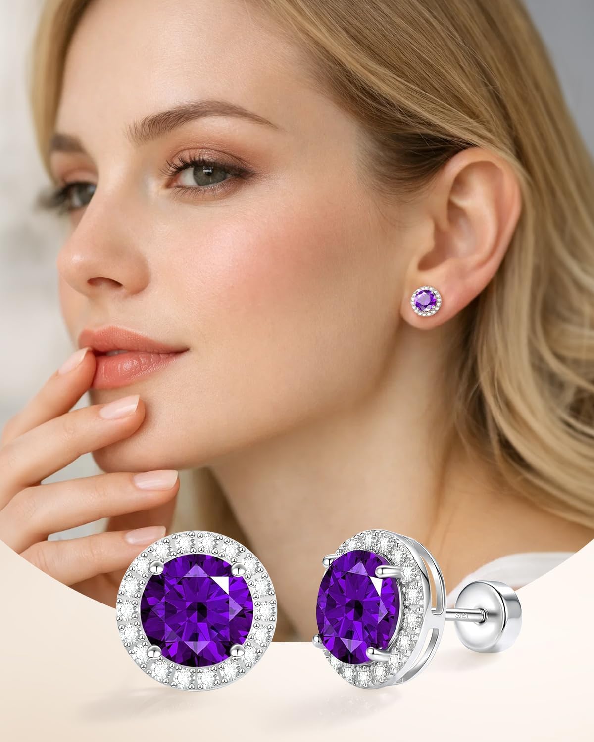 Birthstone Stud Earrings for Women, 18K White Gold Plated Halo Studs Pave CZ Earring Hypoallergenic, 925 Silver Personalized Birthday Jewelry Mother's Day Gift for Wife Girlfriend Mom Daughter