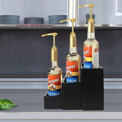Miniatura 8 de Organizador de jarabe de café de madera negra, soporte de botella separado de 3 niveles para barra de café, soporte de almacenamiento de 12 botellas