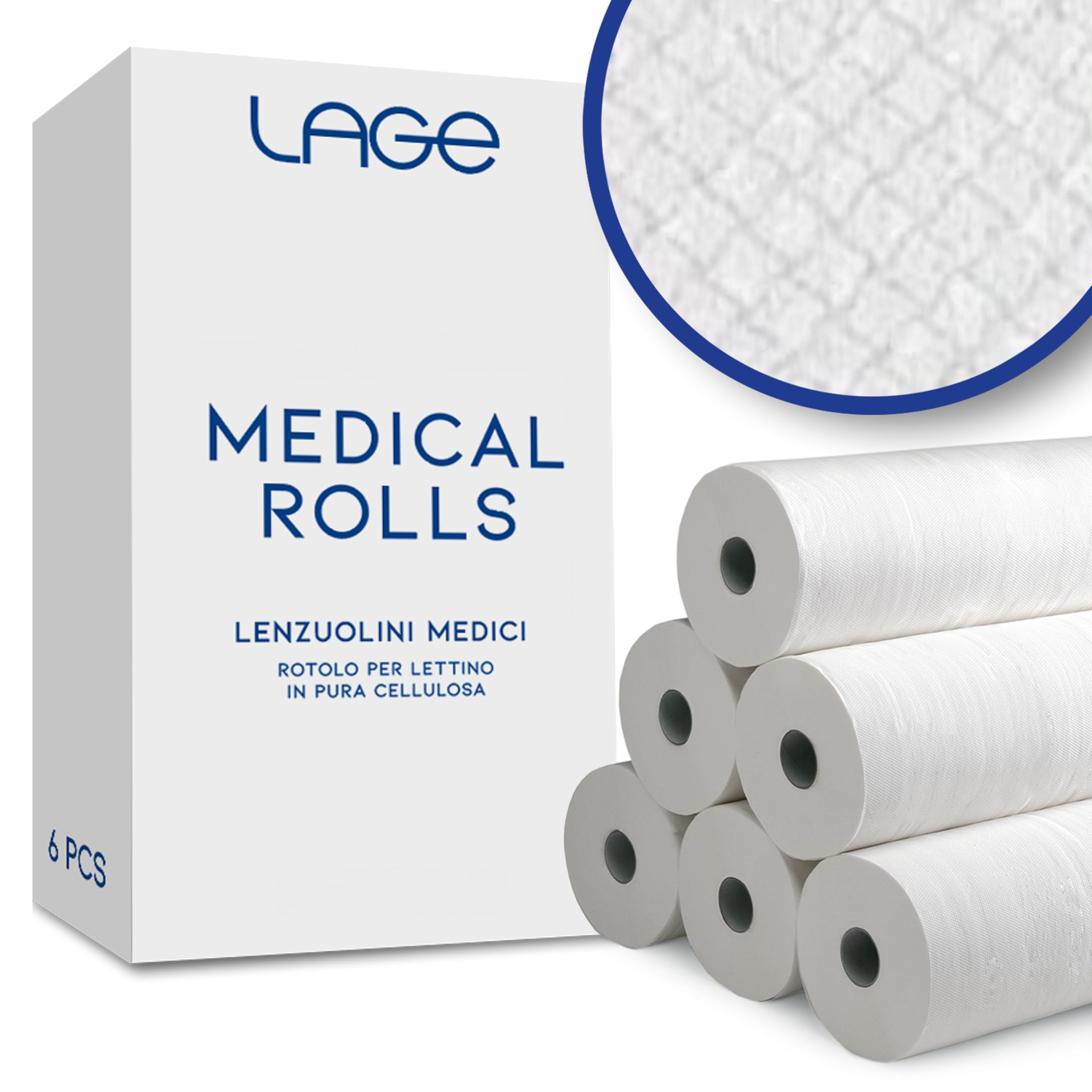 Lage Lot 6 Rouleaux Papier Drap Examen Protection pour Lit Médical, Esthétique, Massage, 100% Cellulose Double Épaisseur, Hygiénique, Hypoallergénique, Prédécoupé Jetable 60 cm x 50 mètres (6 pièces)