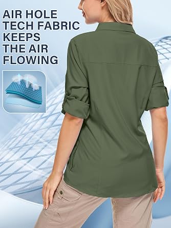 Women UPF 50+ Sun Protection Safari Shirts Quick Dry Lightweight Outdoor Fishing Hiking Travel Shirts with Zipper Pockets