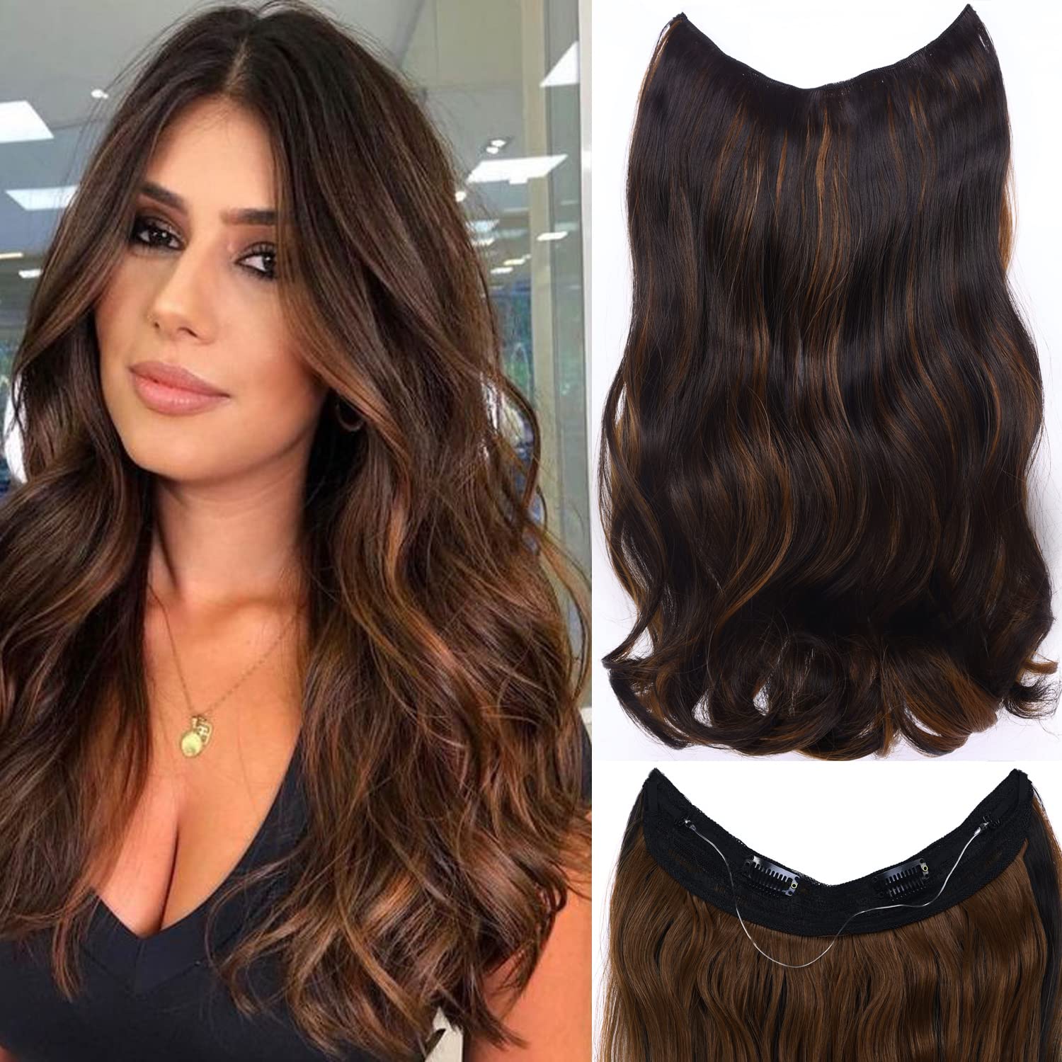 Invisible Wire Hair Extensions 18 Inch Halo Hair Extension Long Wavy  Synthetic Hairpiece with Transparent Wire Adjustable Size, Secure Clips