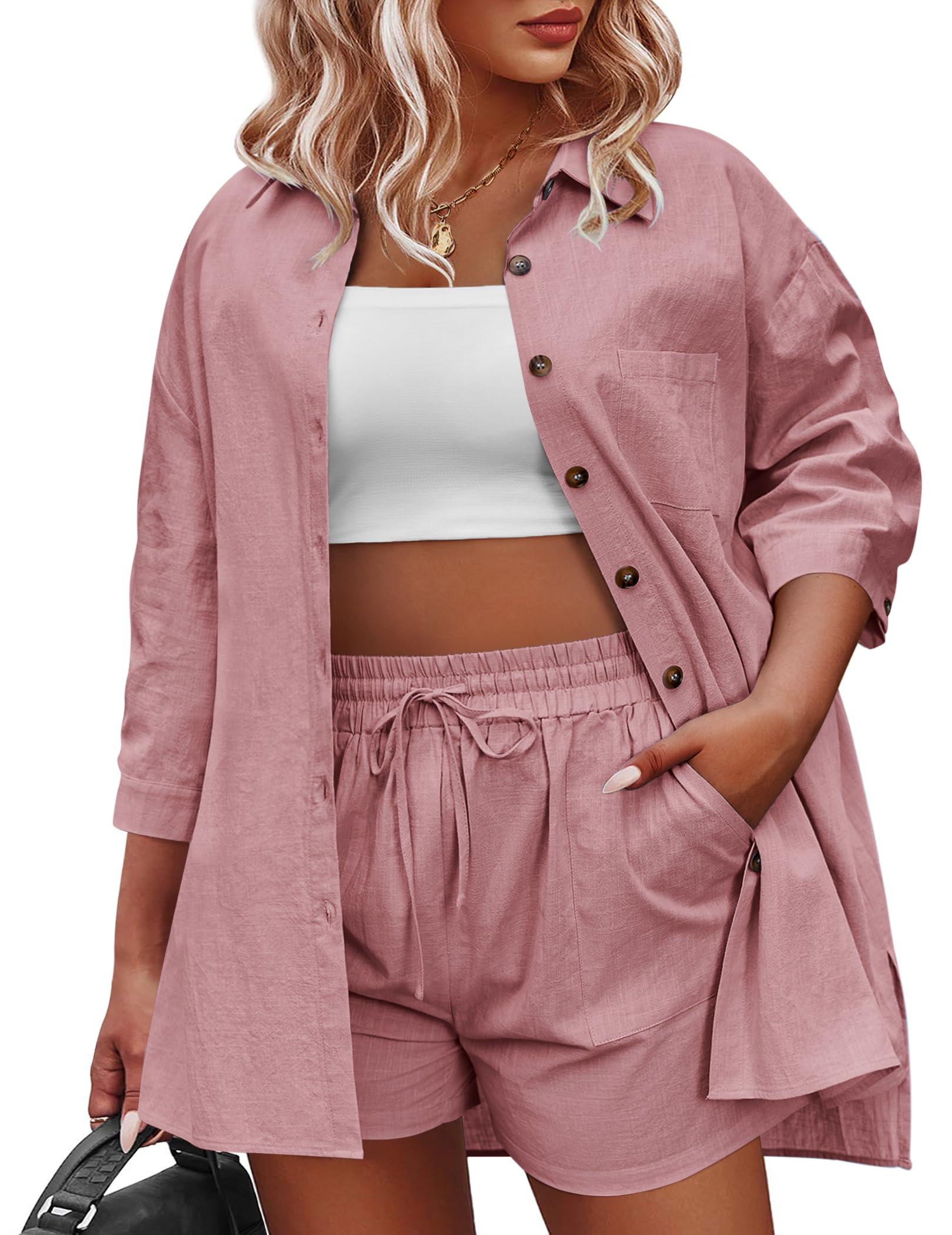 IN'VOLANDWomen's Plus Size 2 Piece Outfit Sets Cotton Linen Shirt and Drawstring Shorts Set Summer Casual Lounge Tracksuits