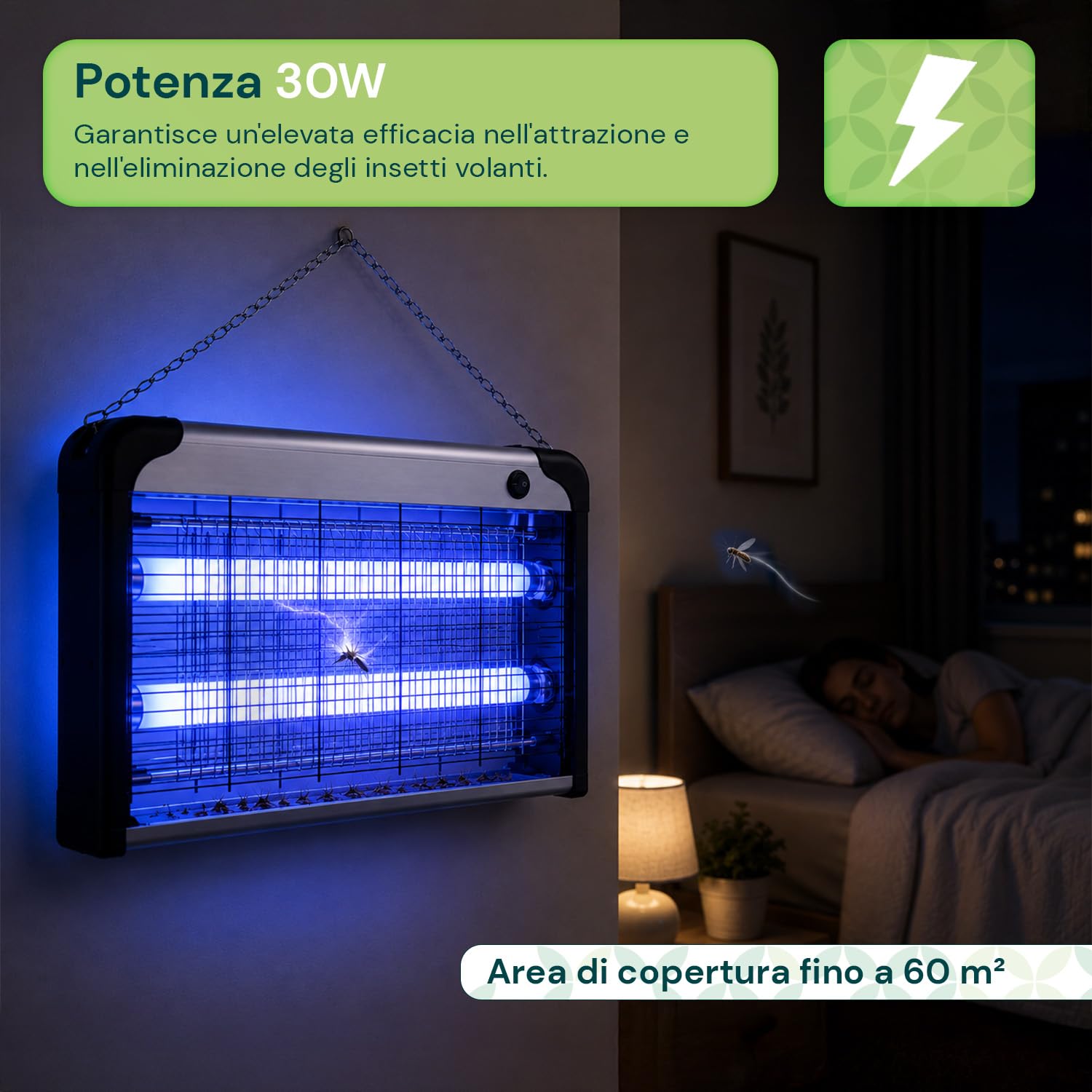 Lampada Antizanzare Elettrica 30W UV – Anti Zanzare e Mosche Elettrico a Shock, Trappola Zanzare Interno ed Esterno, Ammazza Zanzare Elettrico, Parete/Catena/Terra, 26×49×6 cm