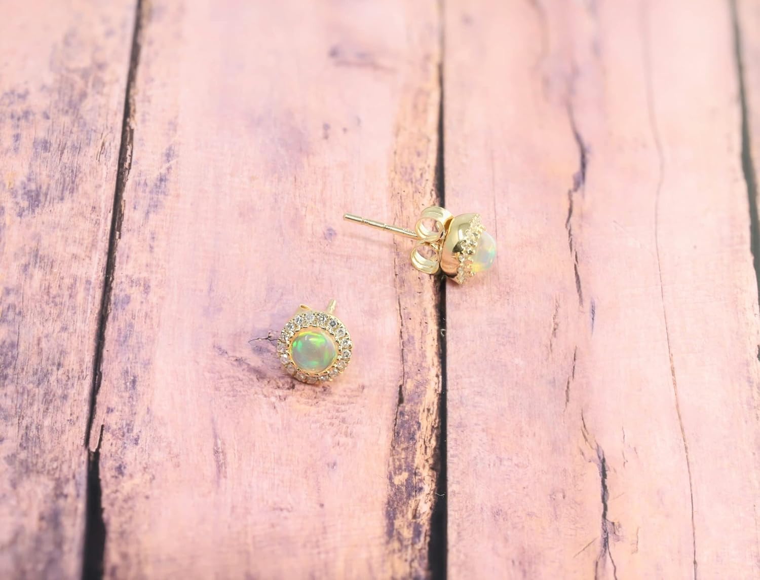 14K Yellow Gold Genuine African Opal Diamond Halo Stud Earrings
