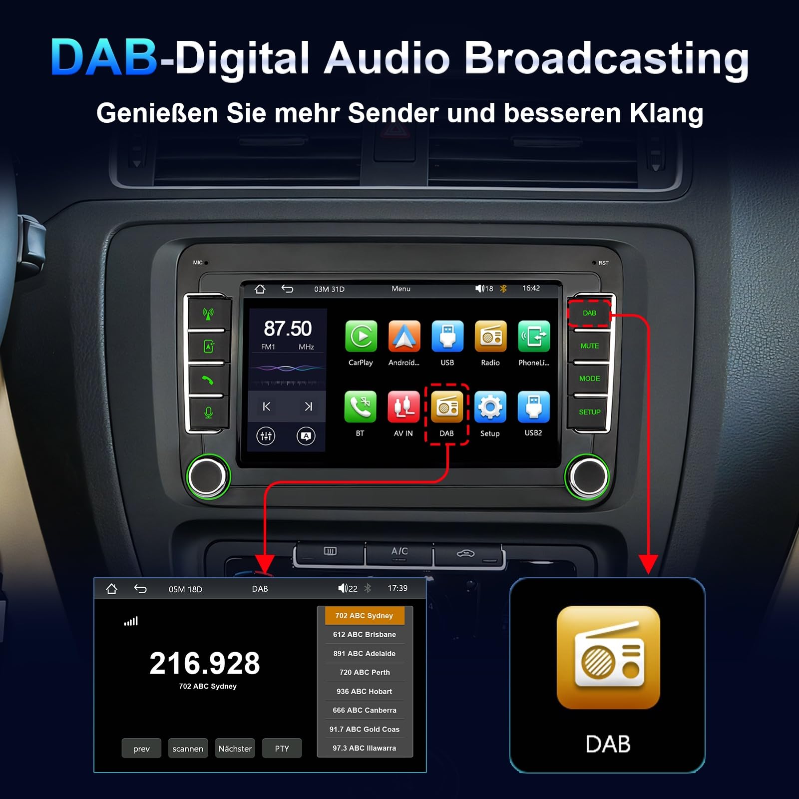 DAB Autoradio mit Bildschirm für VW Golf 5 6 T5 Polo 6R Caddy Skoda Tiguan Seat Passat, 7 Zoll Radio mit Apple CarPlay Wireless Android Auto Mirrorlink, Bluetooth, FM, Lenkradsteuerung, DAB+ 2Din