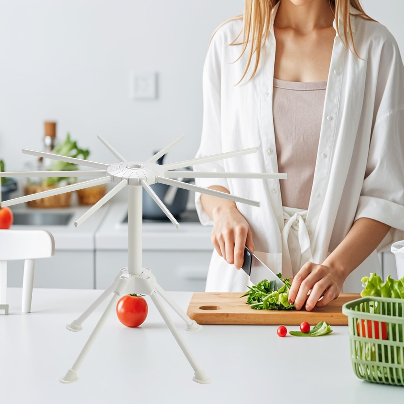 Paquete de 2 estantes plegables de secado de pasta, soporte de espaguetis frescos hechos en casa plegable para secar fideos para cocina con 10 brazos, color blanco