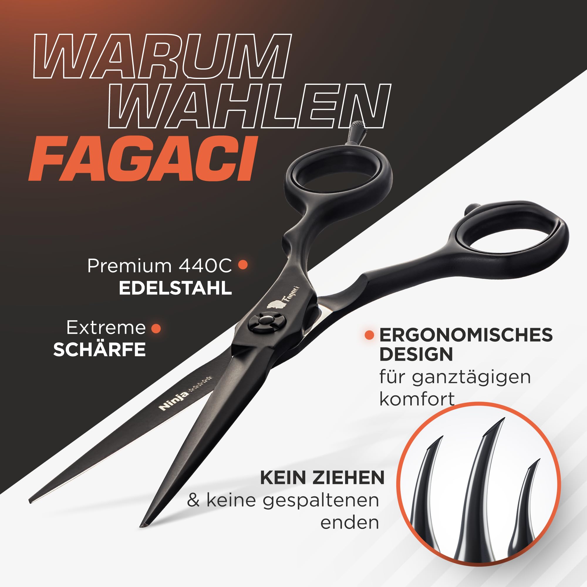 Fagaci Haarschneideschere 6" für Linkshänder 440C Stahl für Überlegene Präzision, Haarschere mit Extrem Scharfe Klingen, Friseurschere Profi, Schere Haare Schneiden Langlebige Schärfe, Frisörenschere | Hergestellt aus hochwertigem 440C-Stahl, konvexe Schä