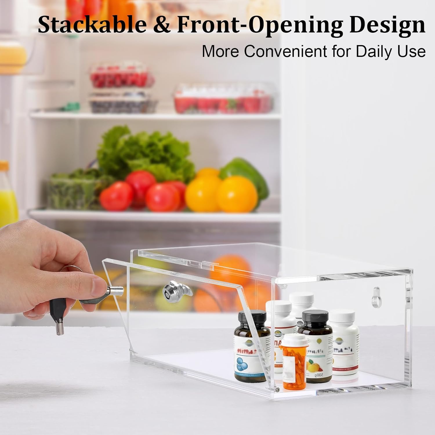 JUXYES Acrylic Clear Refrigerator Medicine Organizer Box with Lid and Lock for Wall and Tabletop - Transparent Medicine Storage Bin - Stackable Fridge Lockable Pill Container for Medical Supplies, S