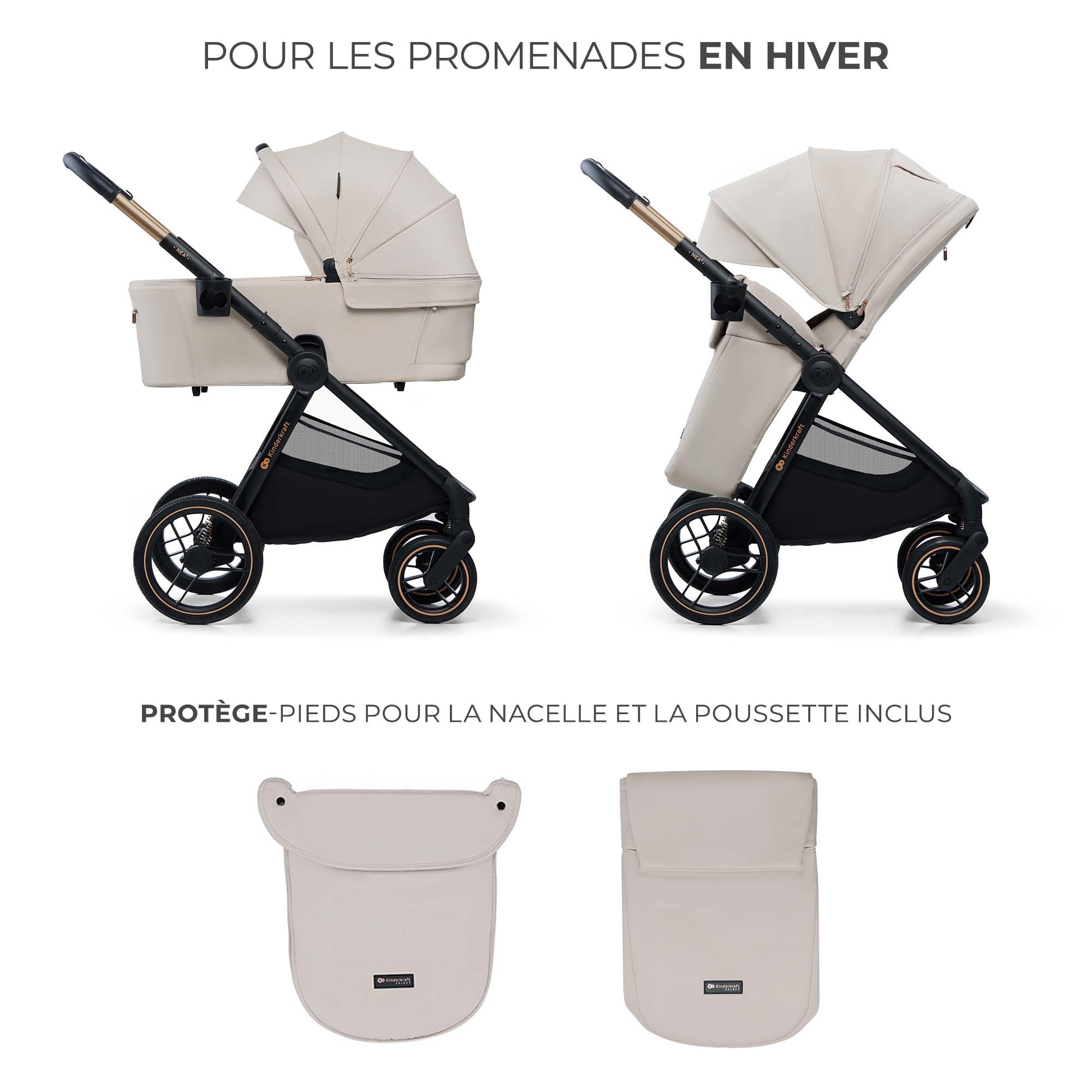 Kinderkraft NEA 2, Poussette de la naissance à 22 kg, Pliage d'une seule main, Position allongée, Grande capote, 4 roues amortissantes, Filtre UPF 50+, Panier jusqu'à 5 kg, Beige