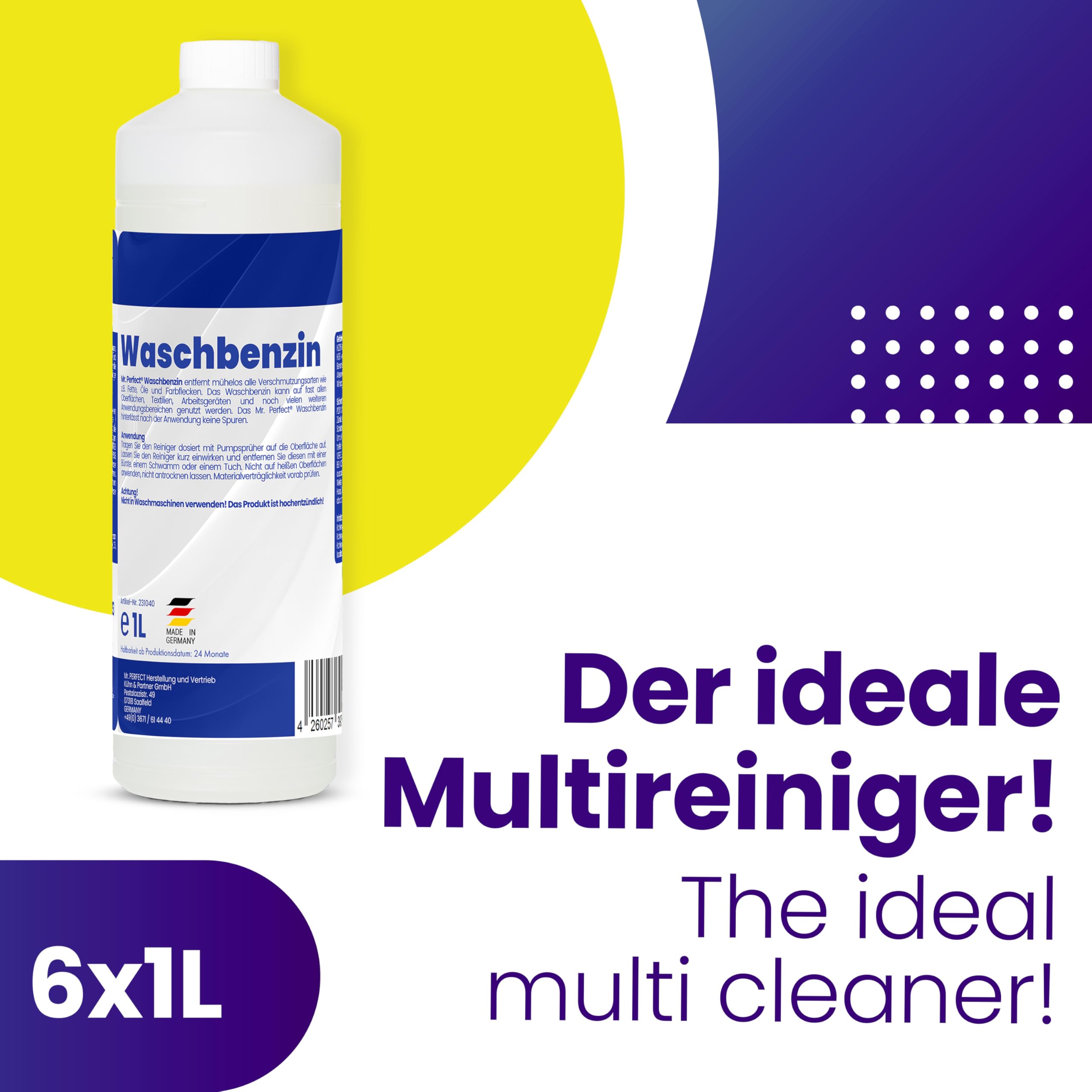 Mr. Perfect® - Waschbenzin 6x 1L - Lösungsmittel für Fleckentfernung auf Textil, Kunststoff, Oberflächen & Arbeitsgeräten - Waschbenzin Reinigungsbenzin - Benzin Reiniger