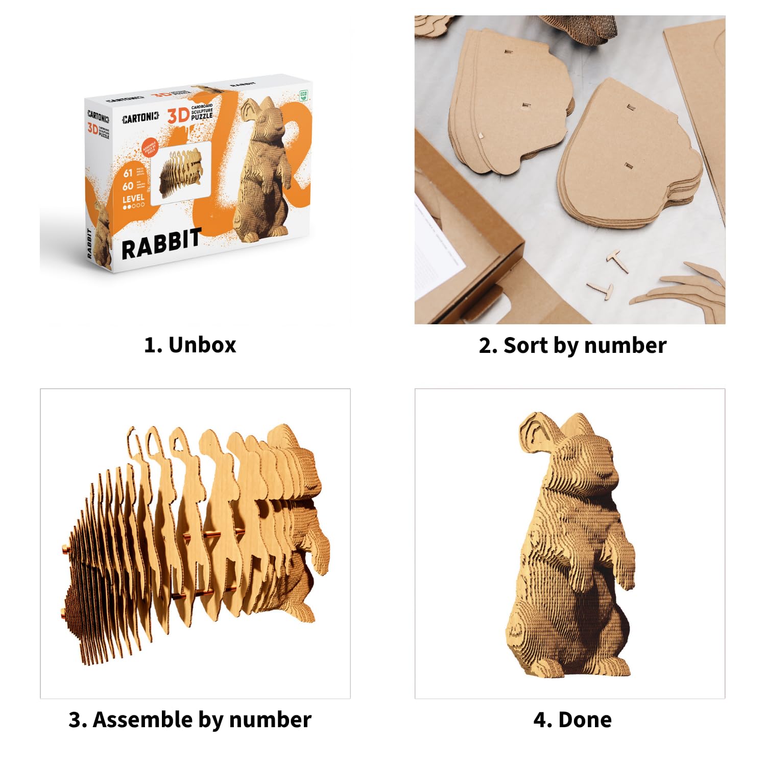 Lapin Puzzle 3D en Carton – Maquette à Monter | 61 Pièces, 19 × 12 × 9 cm – Kit Sculpture DIY à Peindre, Matériaux Recyclés, Ados & Adultes, Idée Cadeau Déco