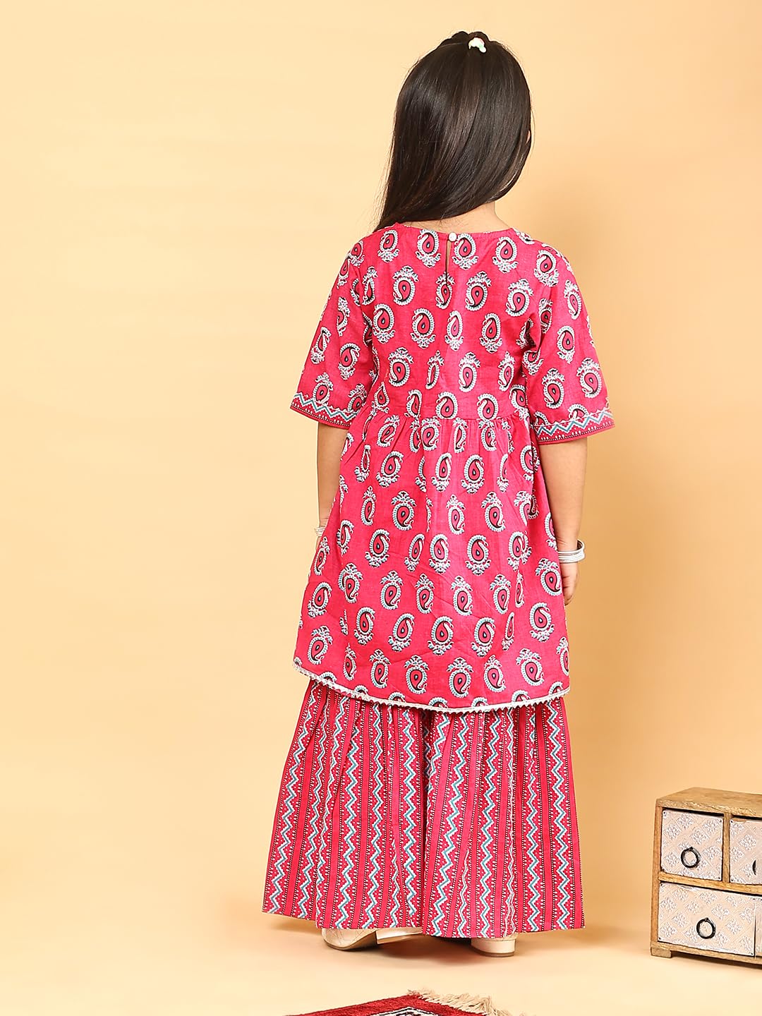 superminis Girls Sanganeri Printed Frock Style Cotton Kurti With Full Length Sharara Set (12-18 Months, Pink) 1