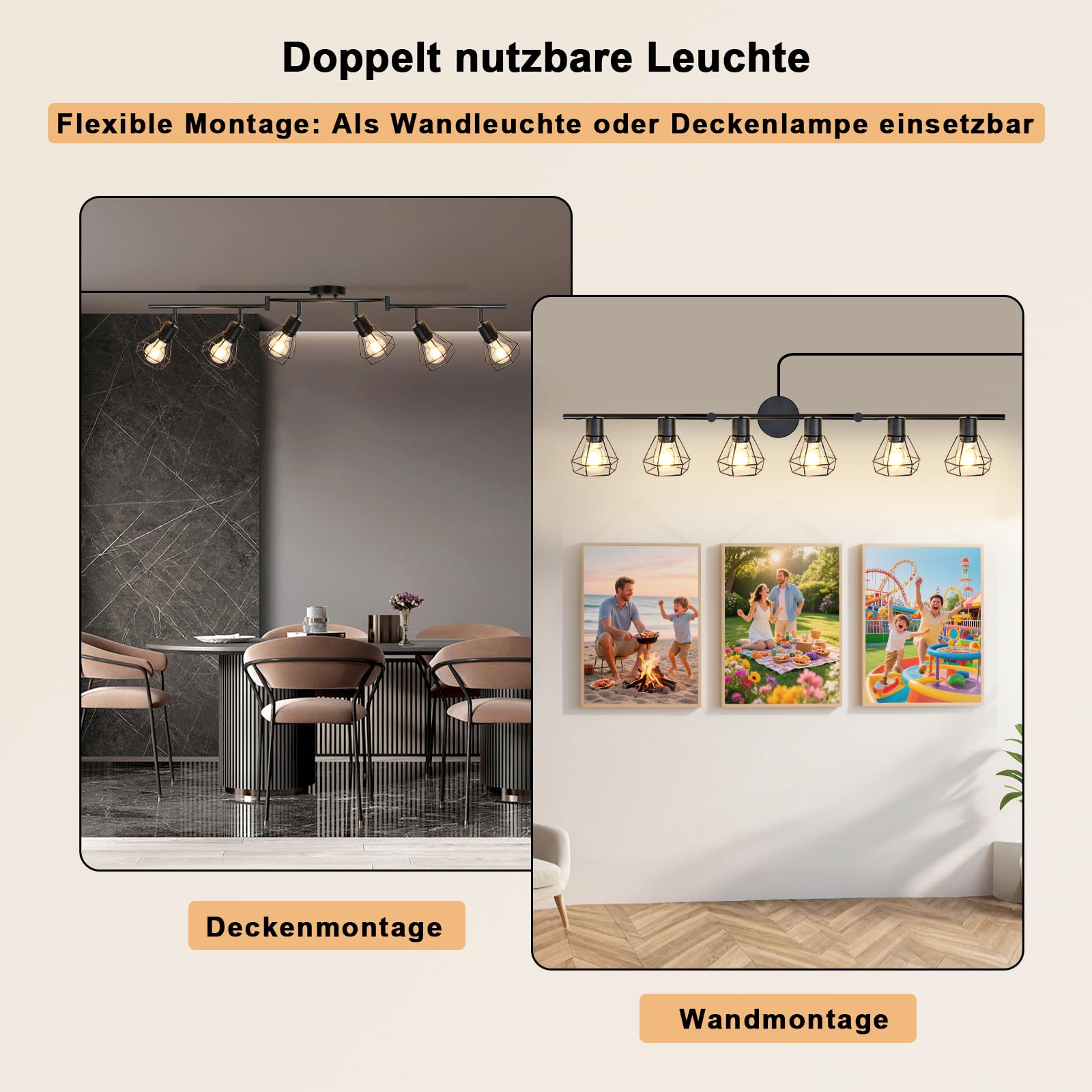HiBay Deckenstrahler mit Schalter E27 6 Flammig Wandleuchte mit Stecker und Kabel 5M Drehbare 350° Deckenlampe Schwarz Max.60W Ohne Leuchtmittel | Deckenspots mit Kabel 5M Drehbare 350° mit Stecker 230V für Wohnzimmer Schlafzimmer Max. 60W Ohne Leuchtmitt