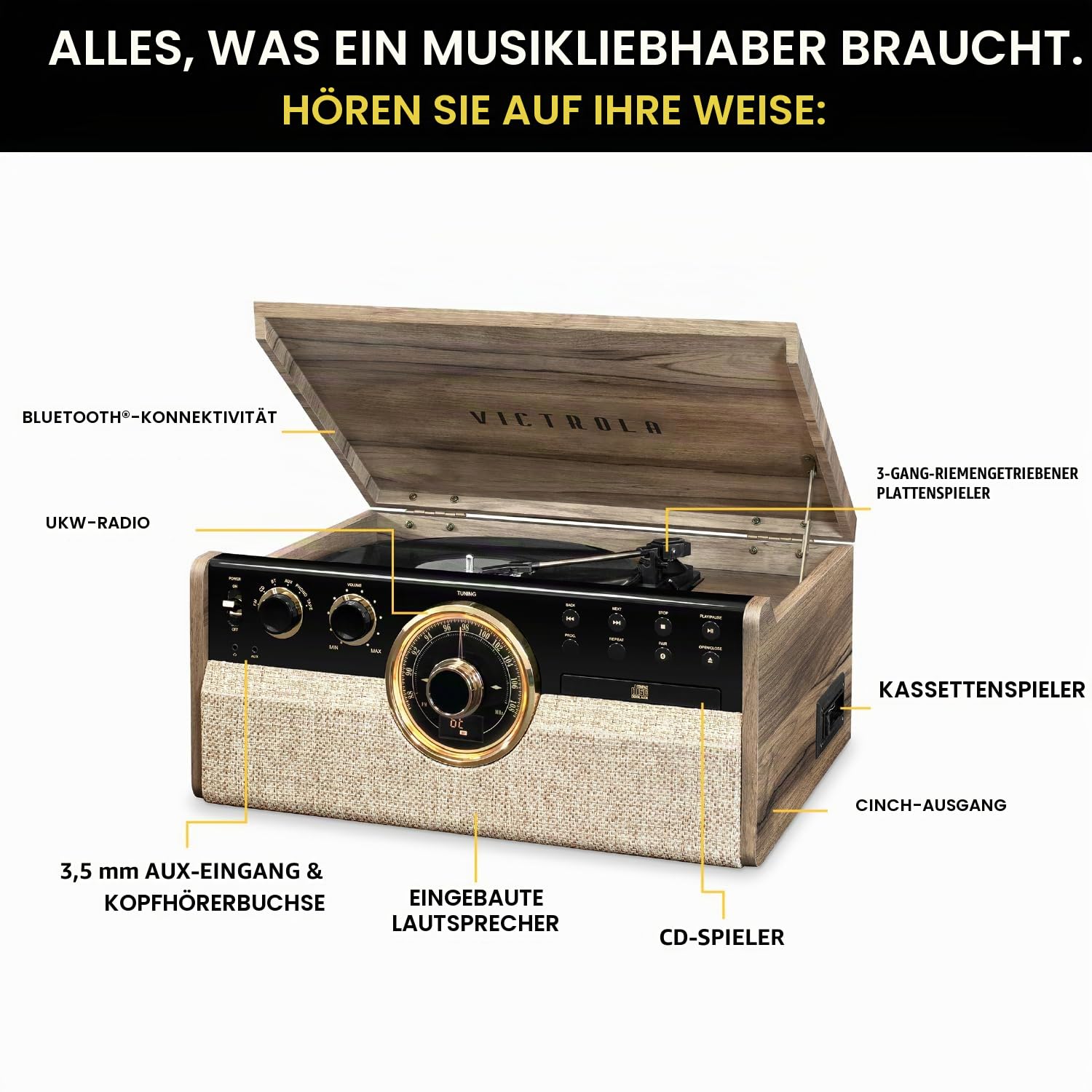 Victrola Empire - Holz 6-in-1 Bluetooth-Plattenspieler - Farmhouse Walnuss