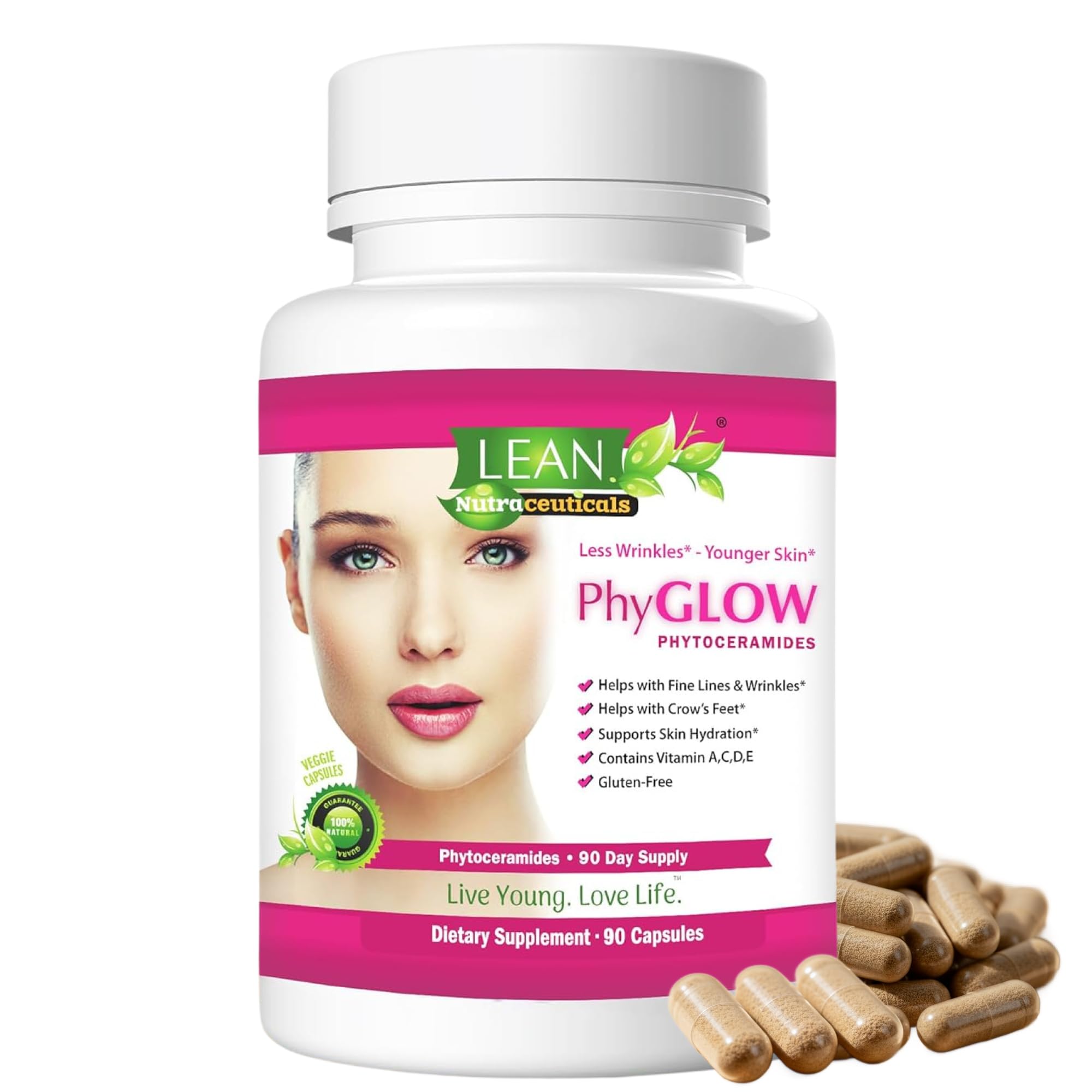 Lean Nutra PhyGlow - Skin Hydration Supplement – Ceramide Complex with Vitamins A, C, D & E - Supports Skin Moisture, Firmness & Elasticity, For Women & Men - Vegan, Gluten-Free, Made in USA - 90 Caps