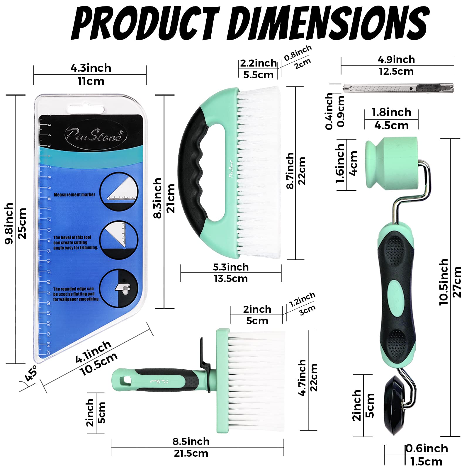 PinStone Zestaw narzędzi do tapet z płaskim i narożnym wałkiem do szwów, profesjonalna rakla 3 w 1 i pędzel do wygładzania folii okiennej, papier kontaktowy, odklej i przyklej, skutecznie redukuje
