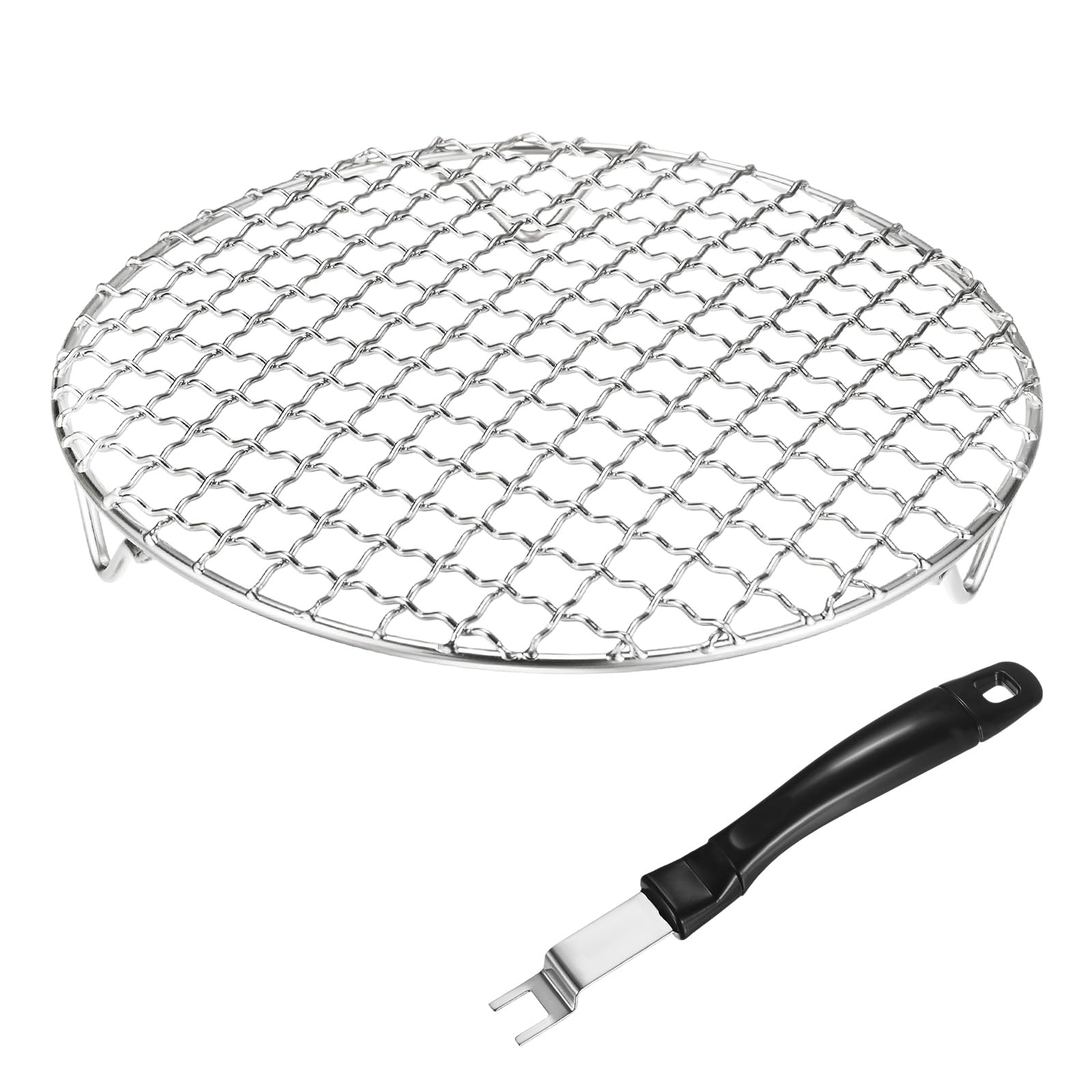 M METERXITY 2-Pack Cooling Rack, 7.9" Round 201 Stainless Steel Baking Rack with Grill Grate Lifter Gripper for Grilling/Cooking/Steaming/Baking, Cross Wire Grate Cooling Rack [Silver Tone]
