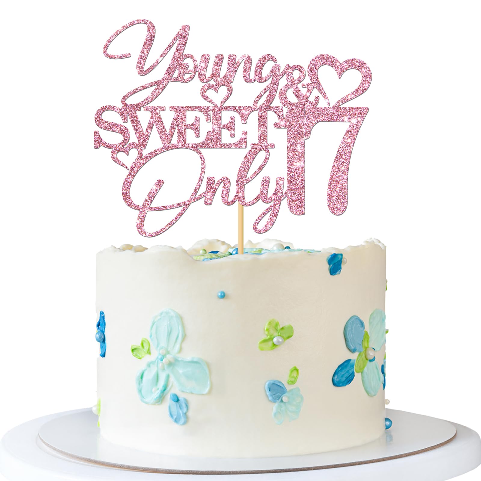 Young & Sweet Only 17 Cake Topper - Girl 17th Birthday Cake Supplies - 17 Years Old - Happy 17th Birthday Party Decoration - Pink Glitter