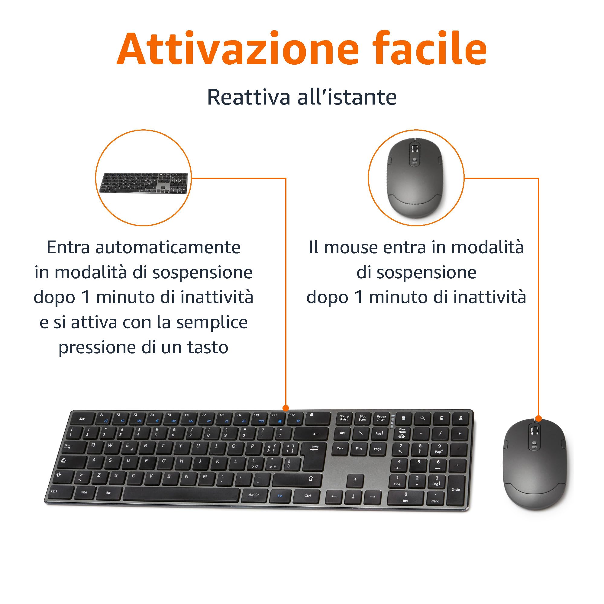 Amazon Basics mouse wireless ricaricabili, tastiera full size ultrasottile e silenziosa con tastierino numerico, Nero