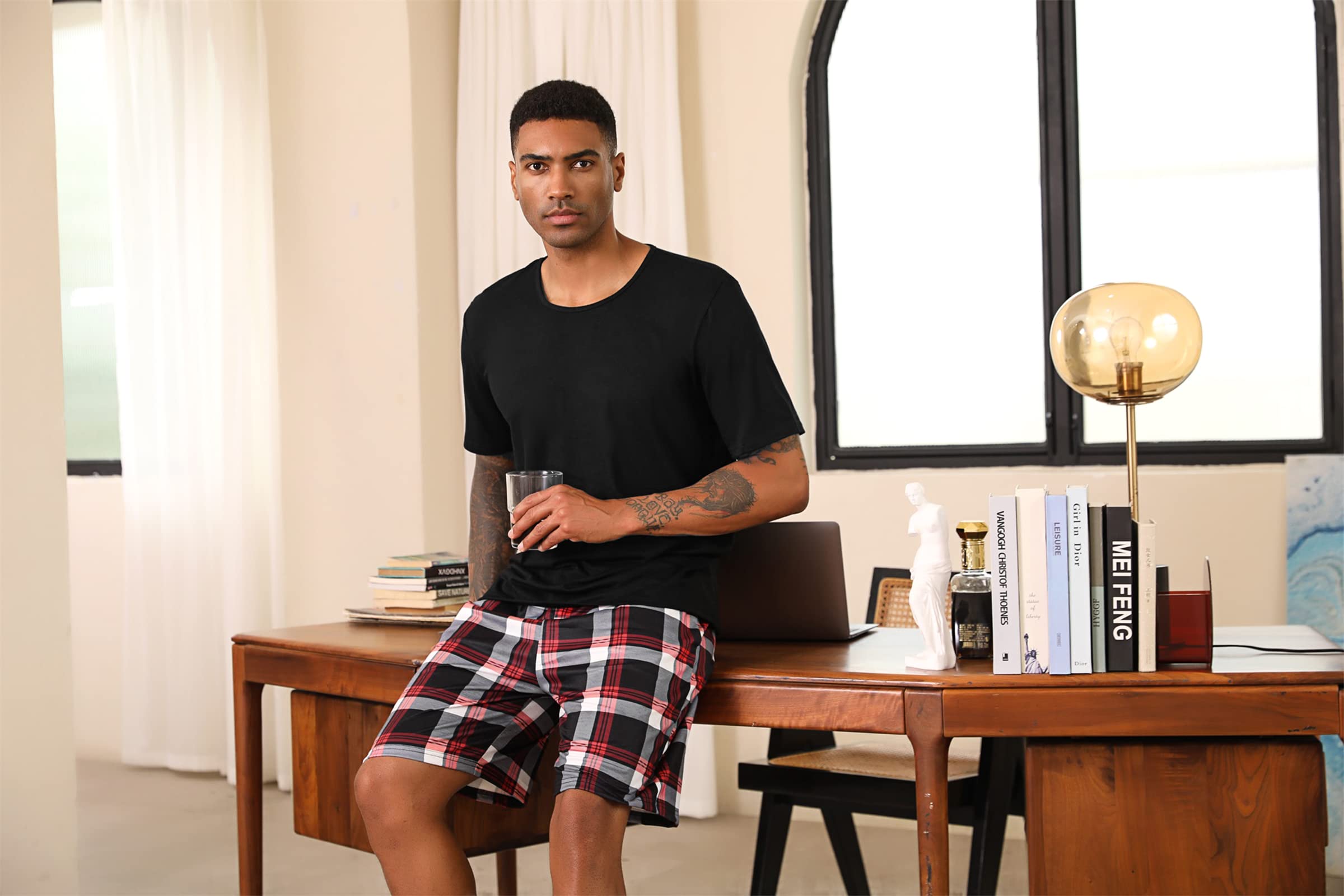 Uniexcosm Pijama Hombre Corto, Pijamas Cuadros Hombre Pijama Algodón Hombre Cómodo Pijamas 2 Piezas Hombre de Cuello Redondo Ropa de Dormir para Hombre con Bolsillo para Hogar