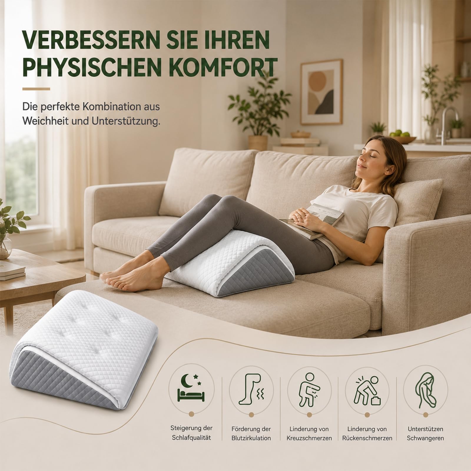 Almohada para Piernas, Cuña Elevar Piernas para Mejorar la Circulación, Cojín Ergonómico y Ortopédico de Elevación para Descanso y Dormir, Almohada para Las Venas