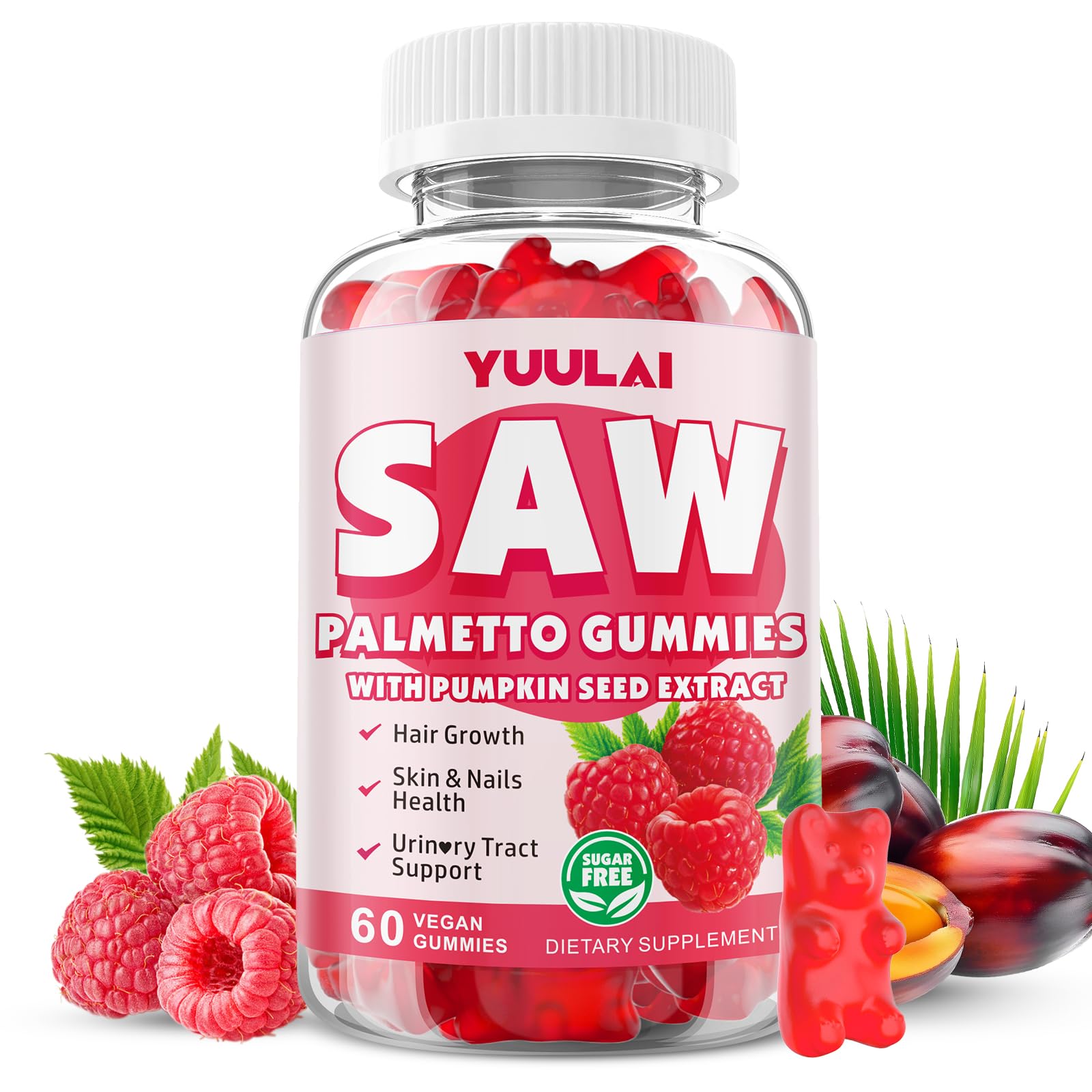 Saw Palmetto Gummies for Women Men, Organic Saw Palmetto with Pumpkin Seed Oil for Hair Growth & Skin Health, Sugar Free, Raspberry Flavor, 60 Count