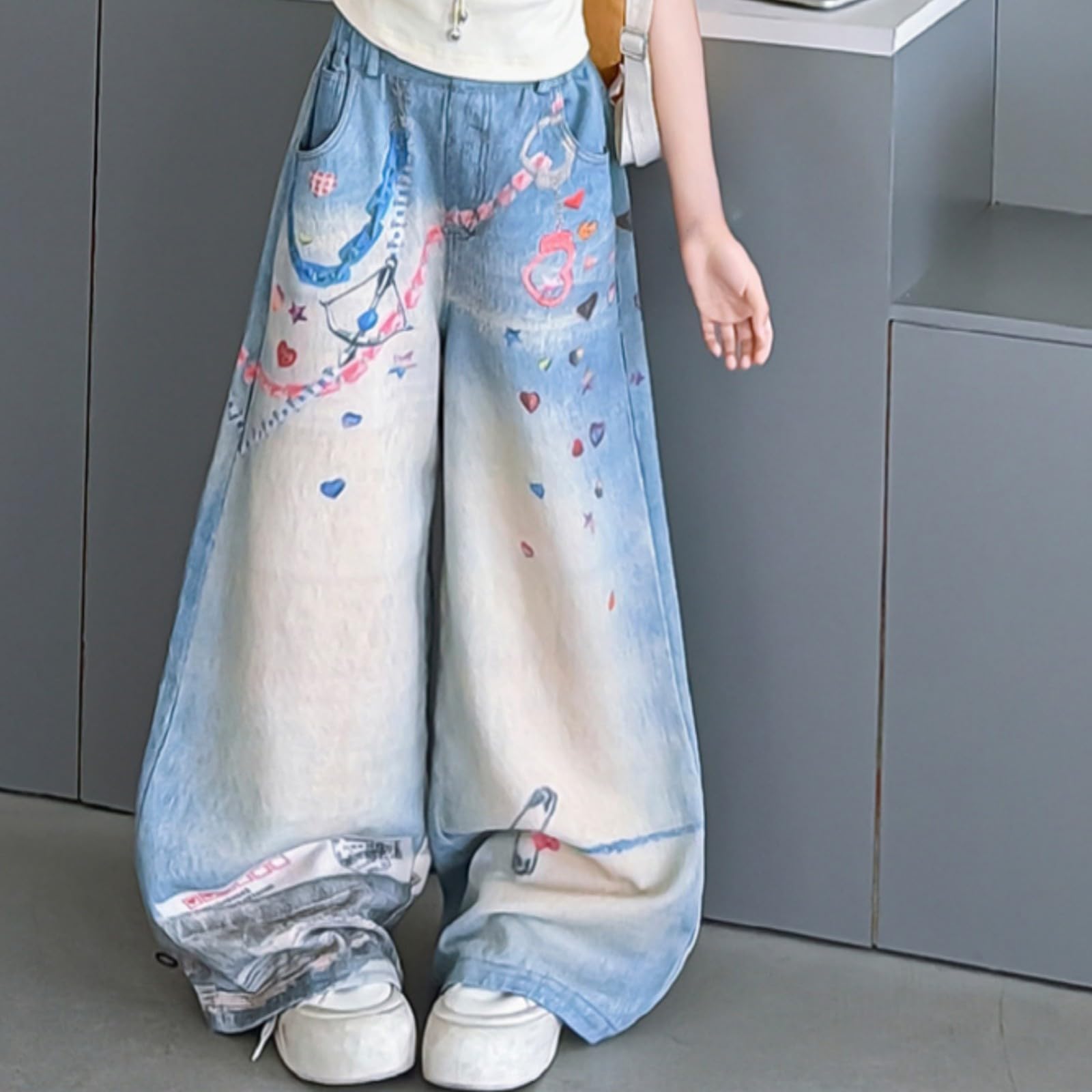 Generisch Mädchen Jeanshose Modische Bedruckte Jeans Beiläufige Lange Hosen Print Straight Lockere Passform Pants Freizeithose Y2K Streetstyle Streetwear Denimhose