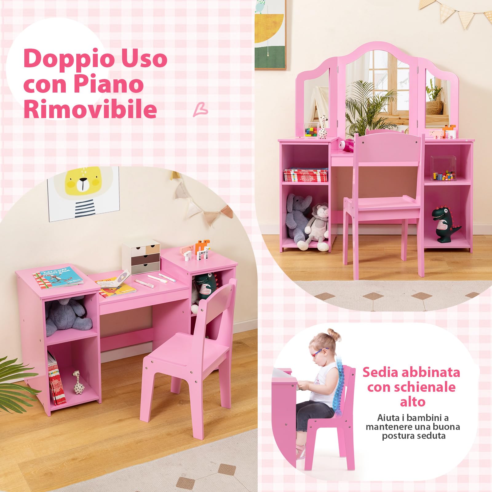 COSTWAY Set Toeletta per Bambini 2 in 1, Set Postazione Trucco in Legno con Sedia, Specchio a 3 Ante Rimovibile e 4 Scomparti, per Bambini 3+ Anni (Rosa)