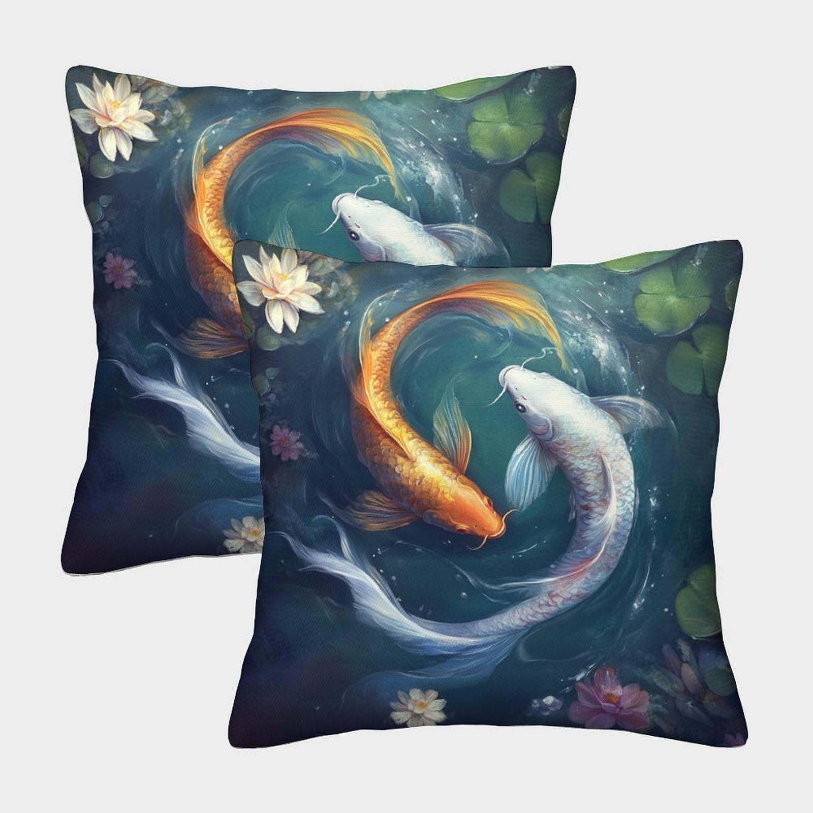 kaiyun 2 Pack Beautiful Two Fishes,Lotus Pillow Case Home Decoration Sofa Cushion Cover 50x50cm