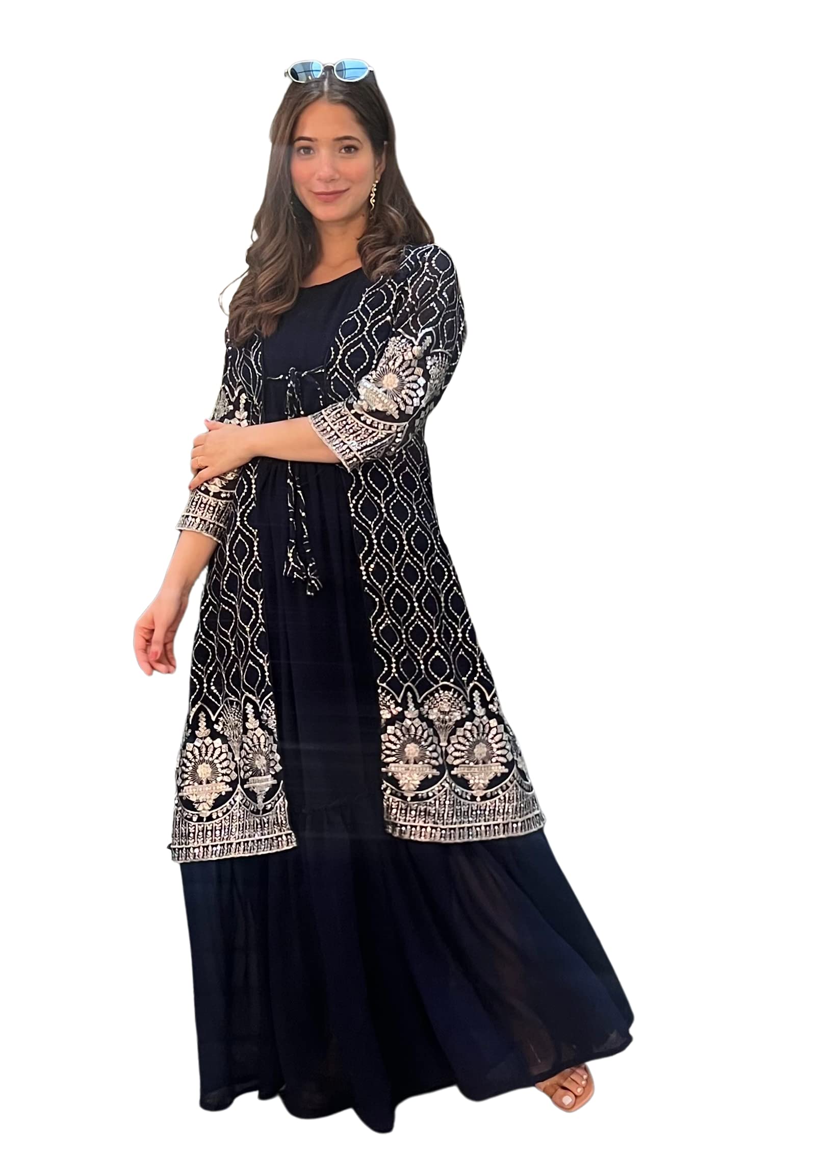 Women's Flared Georgette Sequins Embroidery Work Separate Koti Style Gown Dress-image-10