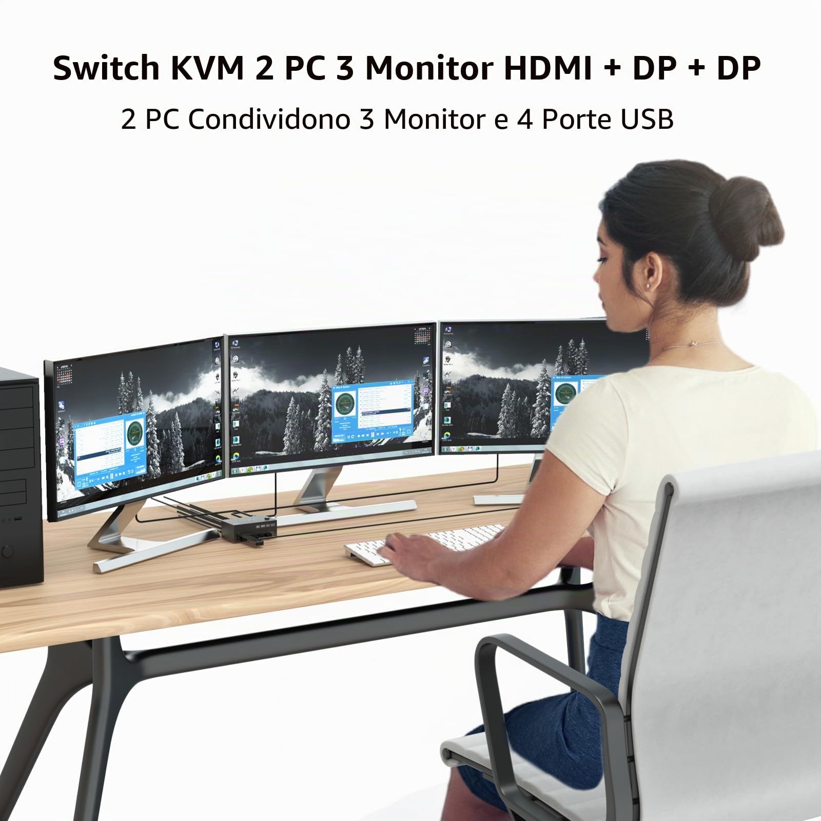 KVM Switch 2 PC 3 Monitor 8K@60Hz / 4K@144Hz, Displayport 1.4 HDMI 2.1 USB 3.0 KVM Switch Triplo Monitor per 2 PC Condividi Mouse e Tastiera, Wired Remote(8K HD DP 2 in 3 out)