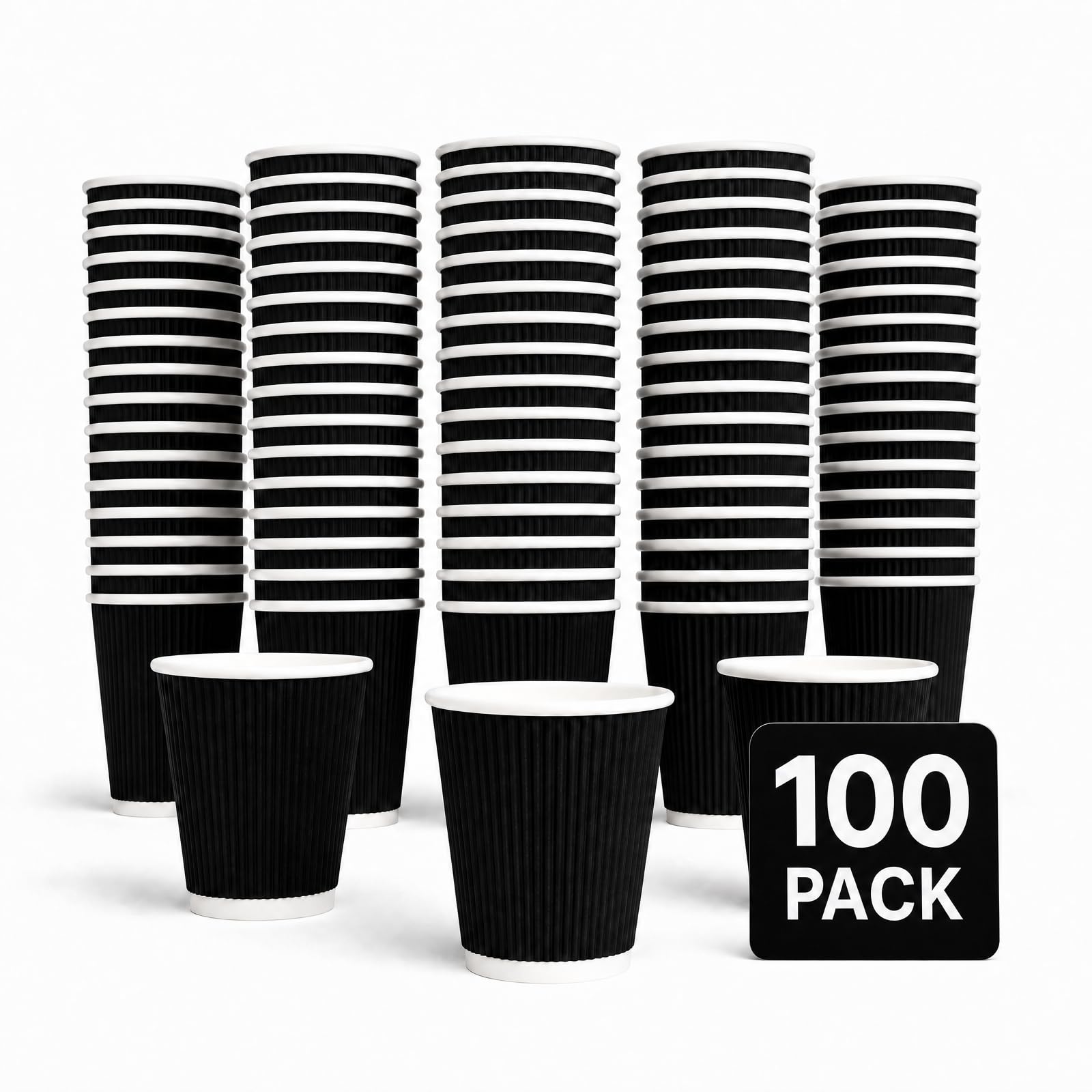 Biotakeware 100 Pack 12 oz Black Ripple Wall Paper Cups, Disposable Hot Coffee Cups with Corrugated Grip, Paper Cups for Coffee, Tea, Cocoa, Office, Cafe, Party and Everyday Use