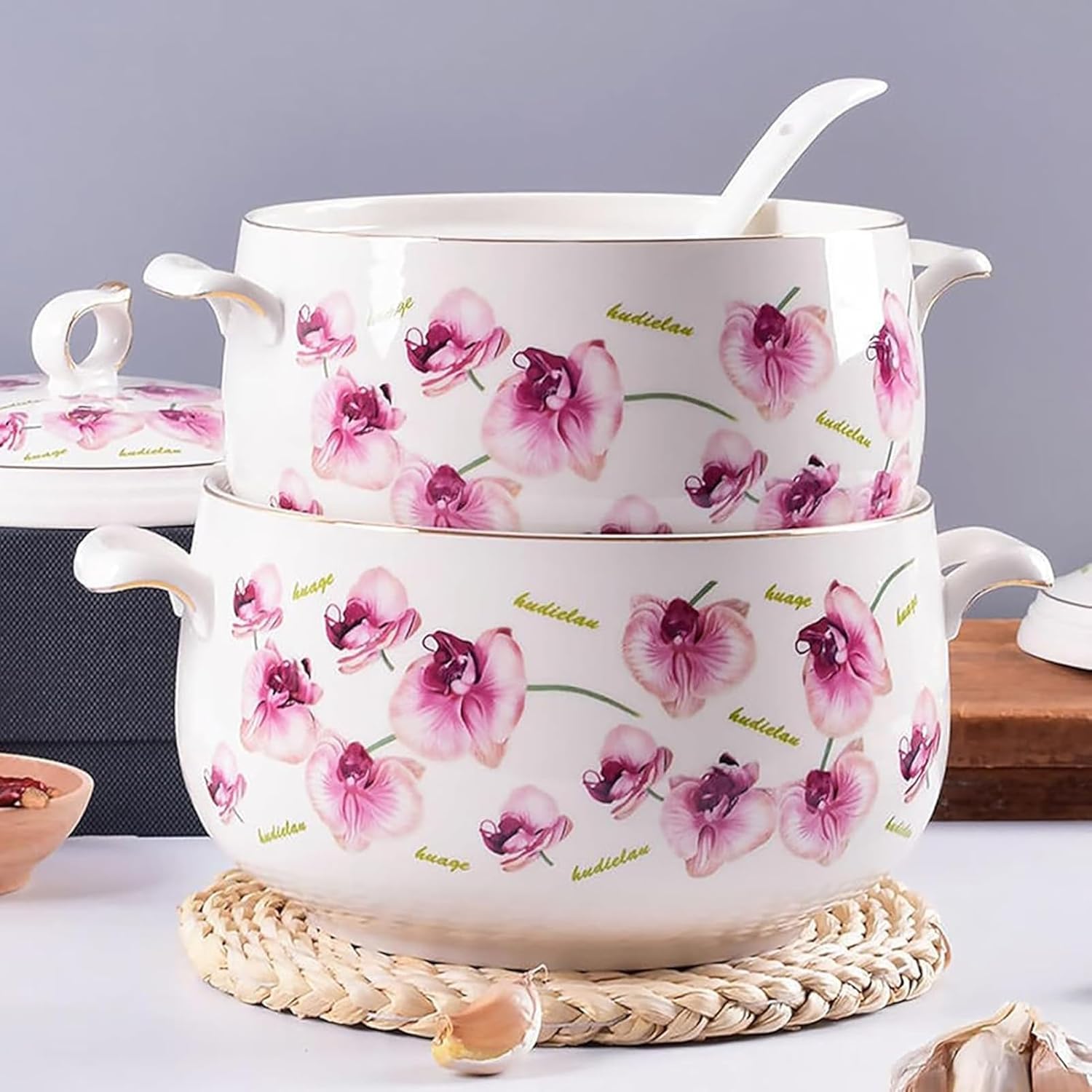 Ceramiczna miska do zupy z pokrywką, okrągła porcelanowa miska do domu i restauracji, nadaje się do mycia w zmywarce i piekarnika, idealna do serwowania i dekoracji, pojemność 2 l