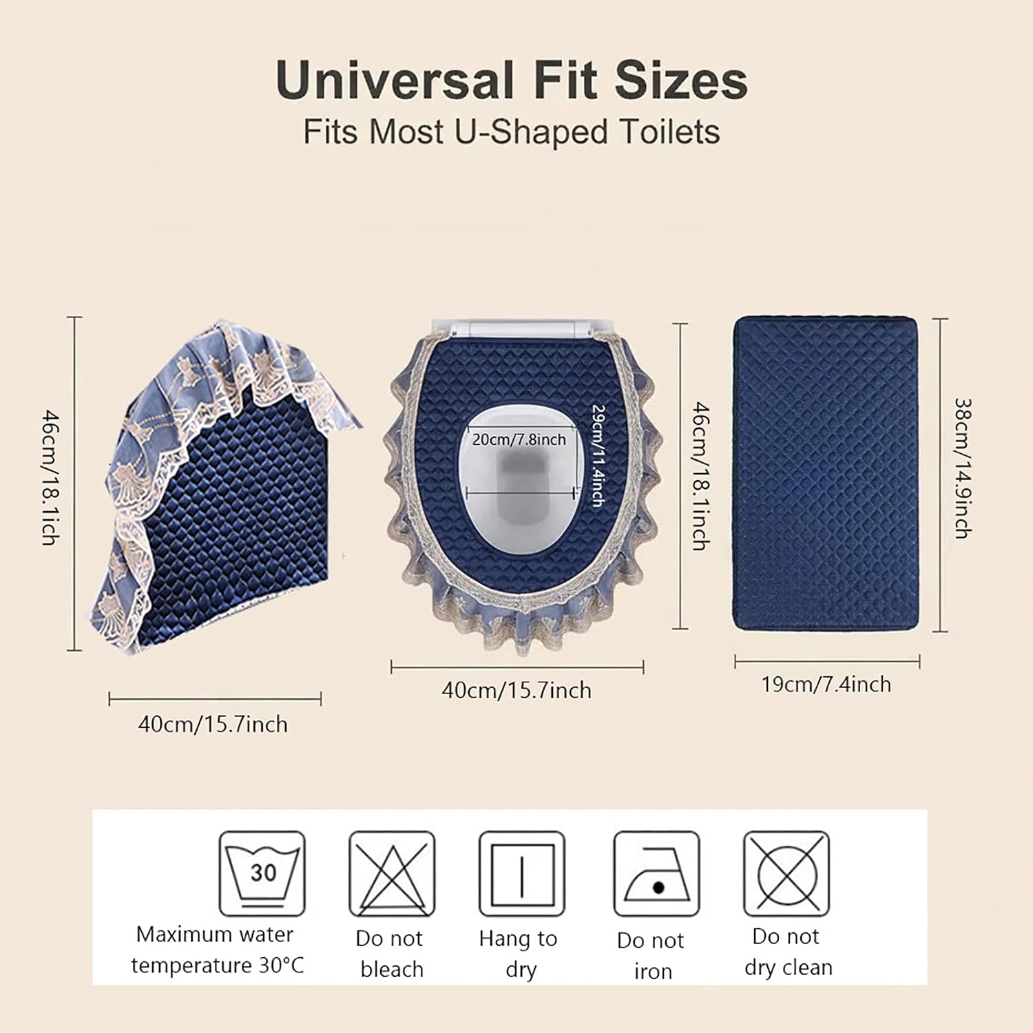 Toilet Seat Cover Set, 3 Pcs Lace Toilet Seat Covers with Zipper, U Shaped, Machine Washable