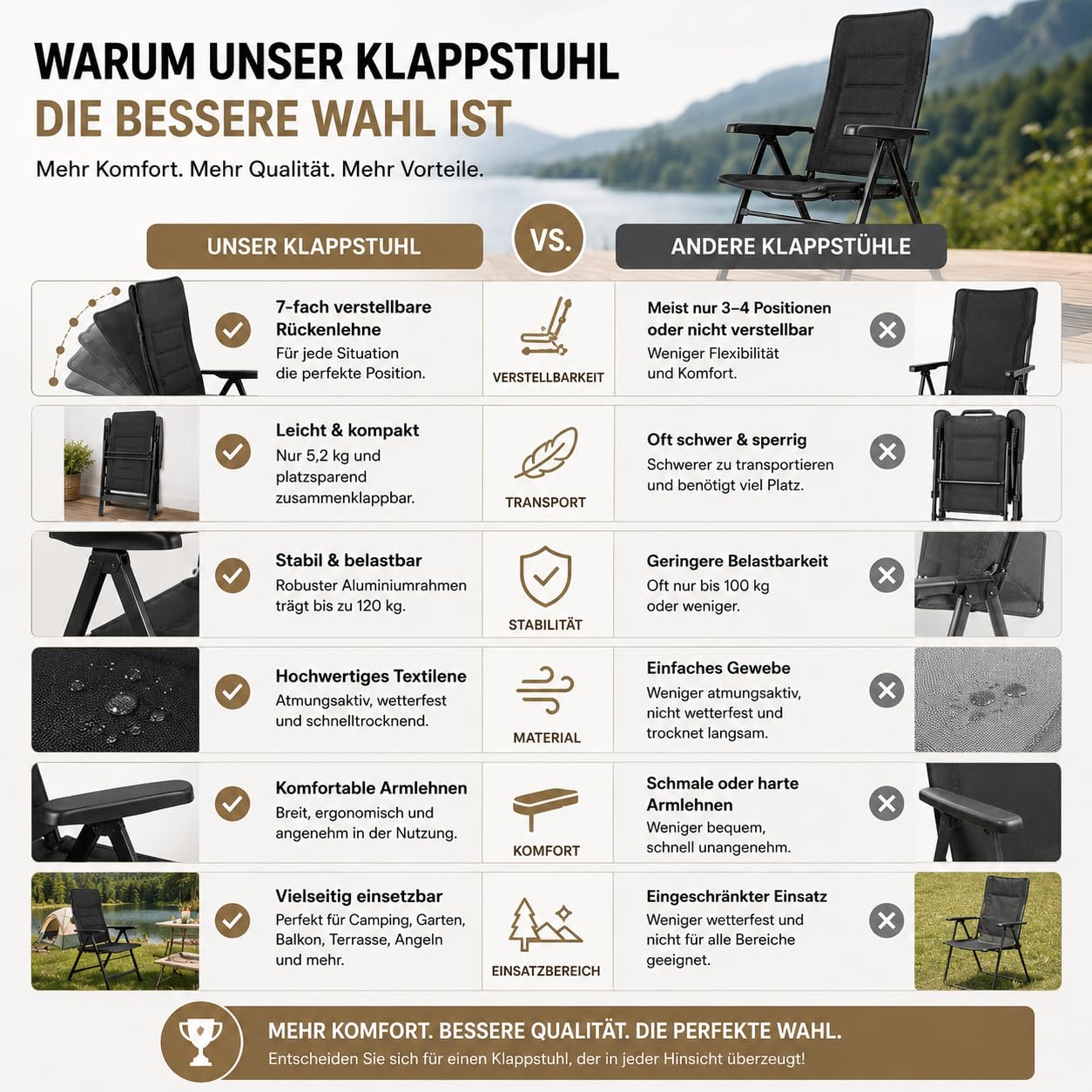 Aurum Campingstuhl Hochlehner – 7-Fach Verstellbarer Aluminium-Klappstuhl mit atmungsaktiv gepolstertem 3D-Bezug, 50 cm Sitzbreite, bis 120 kg – für Camping, Caravan und Garten