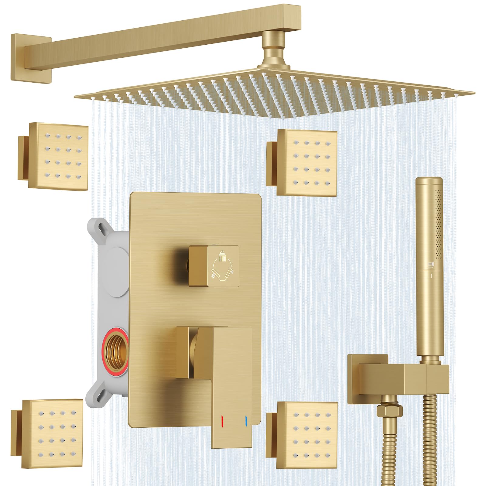 Photo 1 of Hoimpro 12 Inch Rainfall Shower Faucet with 4 Full Body Shower Jet Fixtures Combo, Wall Mounted Shower System Set with Rain Mixer Shower Head and 2 in 1 Spray Handheld Showerhead, Brushed Gold