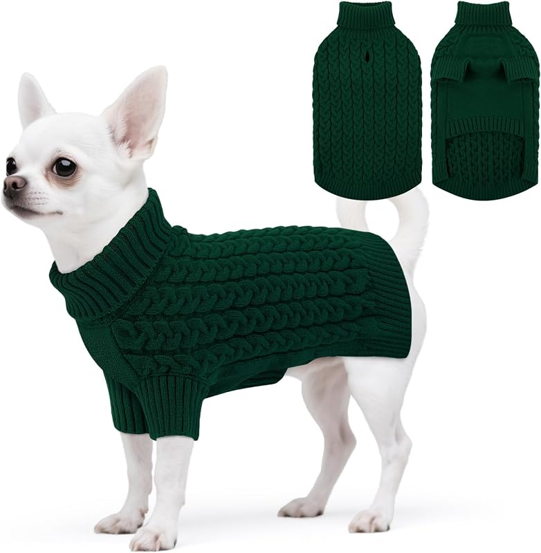 Suéter de Tricô para Cães ASENKU com Gola Alta e Abertura para Guia, Verde, Modelo ASE-744MY-S-Green